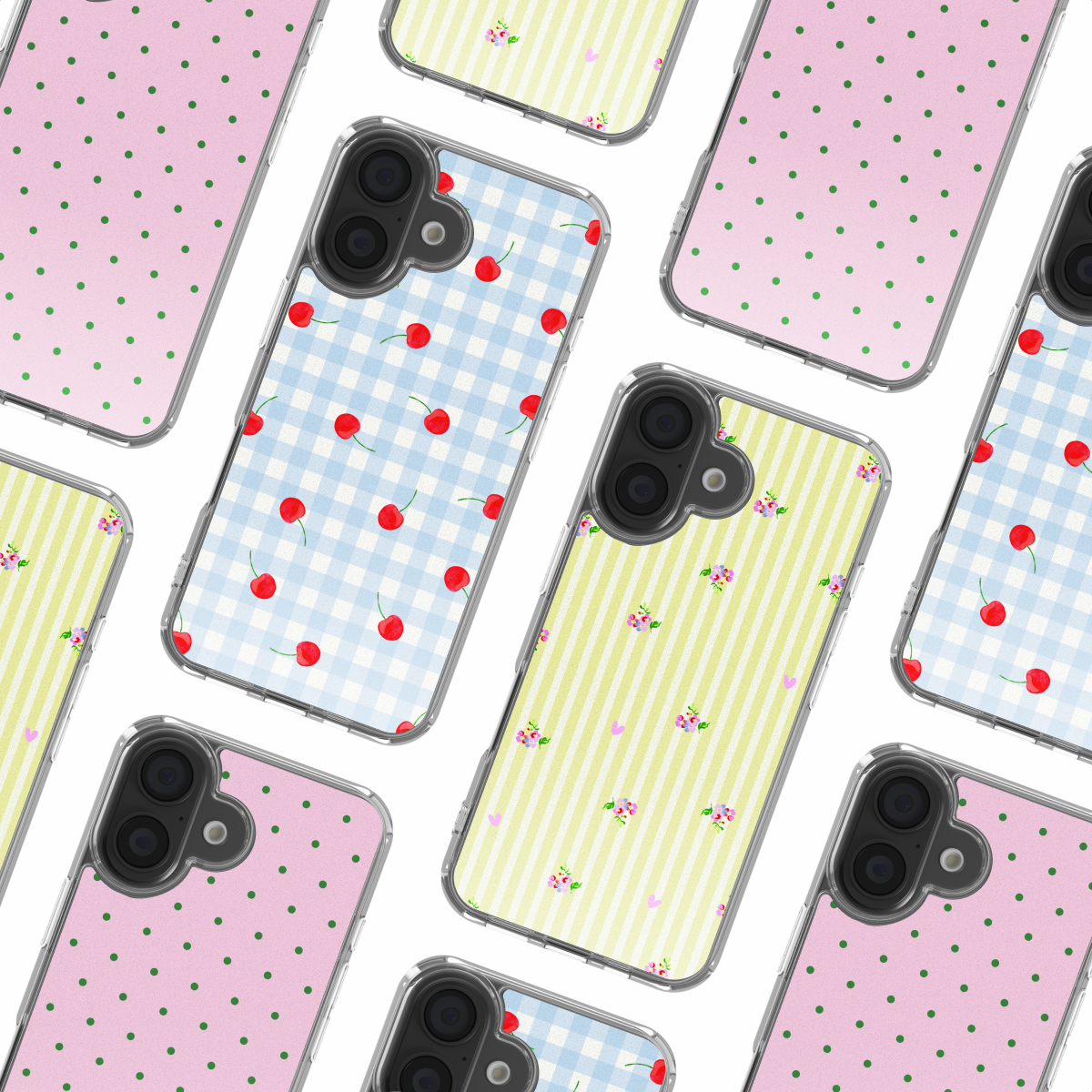 Meerdere iPhone-hoesjes met patronen: kersen, stippen, strepen en bloemen.