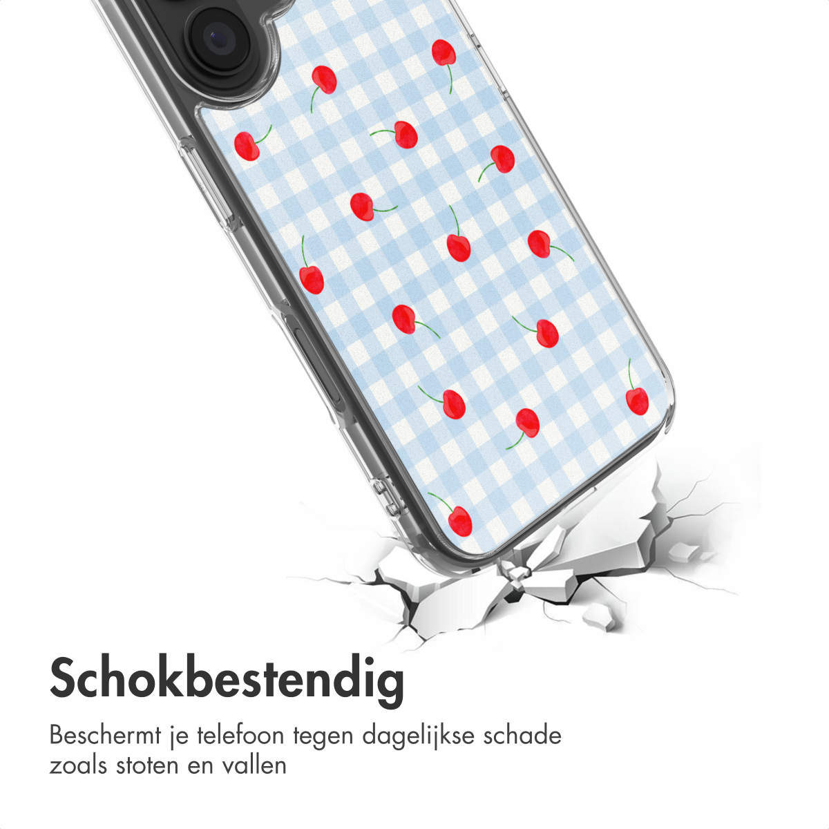 Telefoonhoes met blauw geruit patroon en rode kersen, valt op ondergrond.