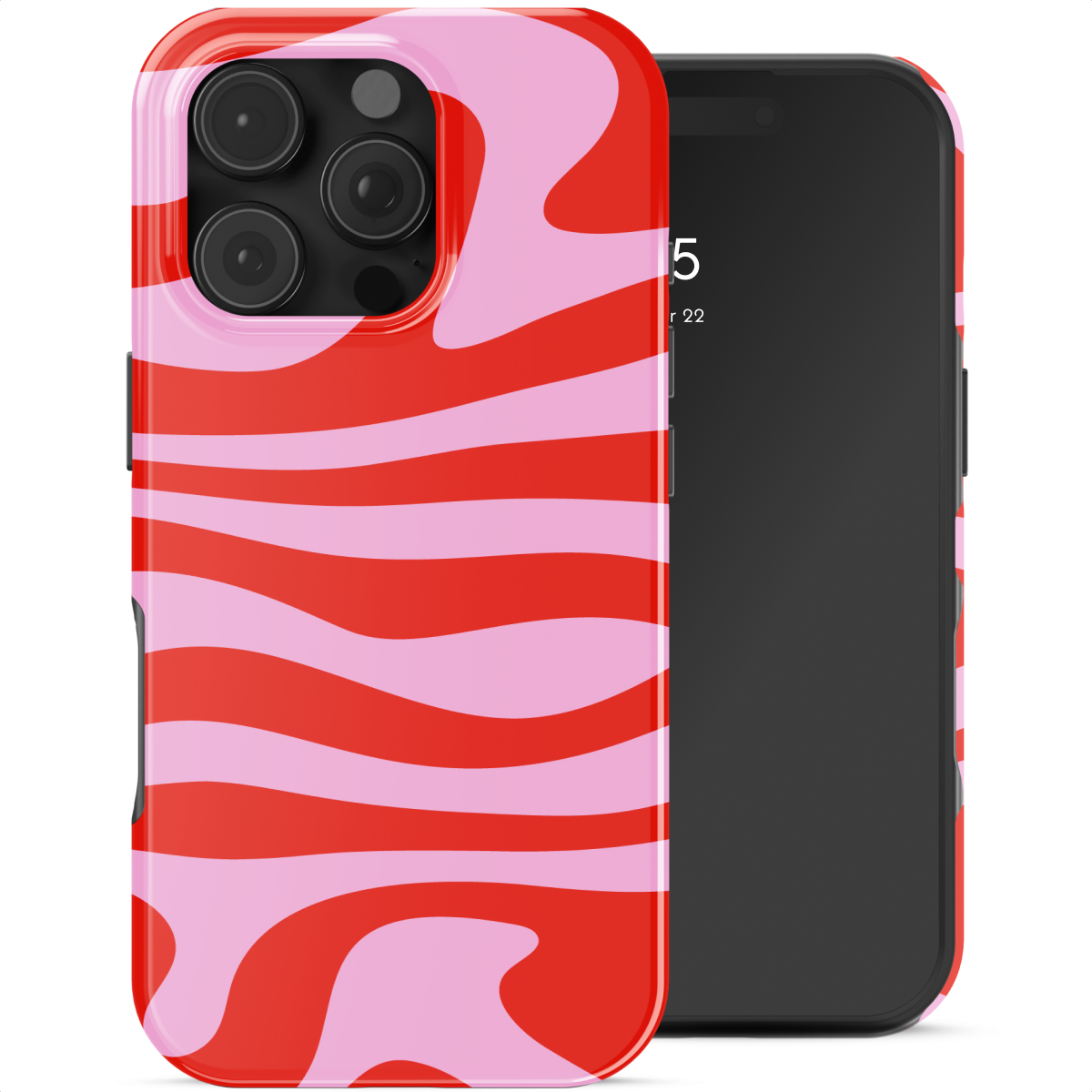 Una cover rossa e rosa con motivo ondulato accanto a uno smartphone.