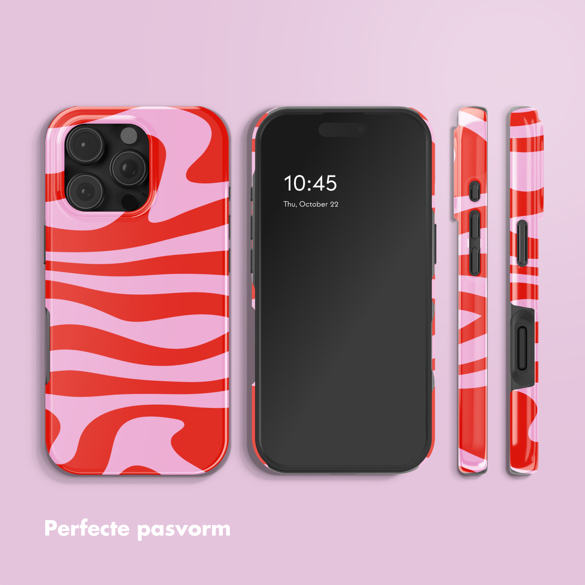 Custodia per telefono rossa e rosa con motivo ondulato, accanto a un telefono.