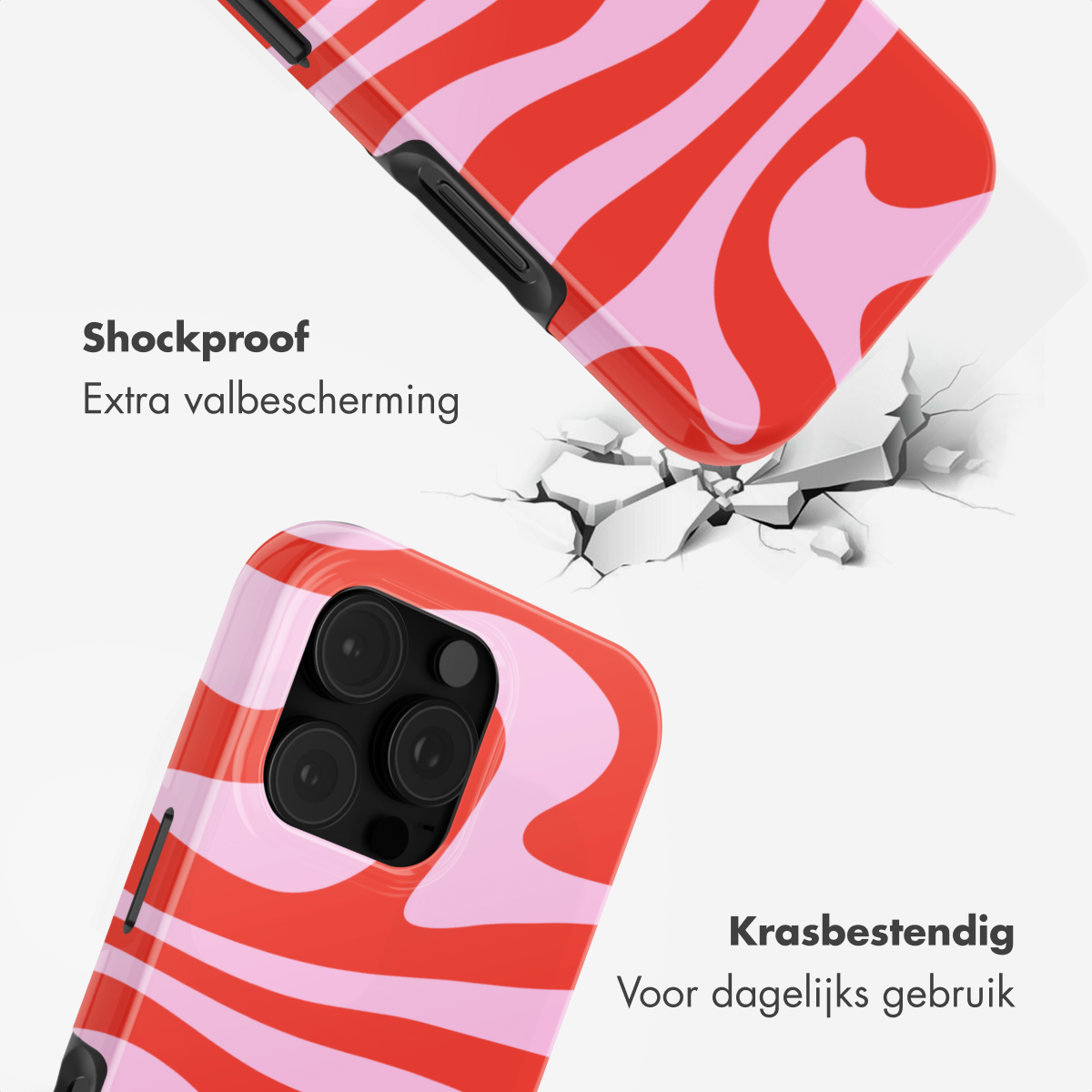 Cover per telefono rosse e rosa con motivo ondulato, una che cade su terreno crepato.