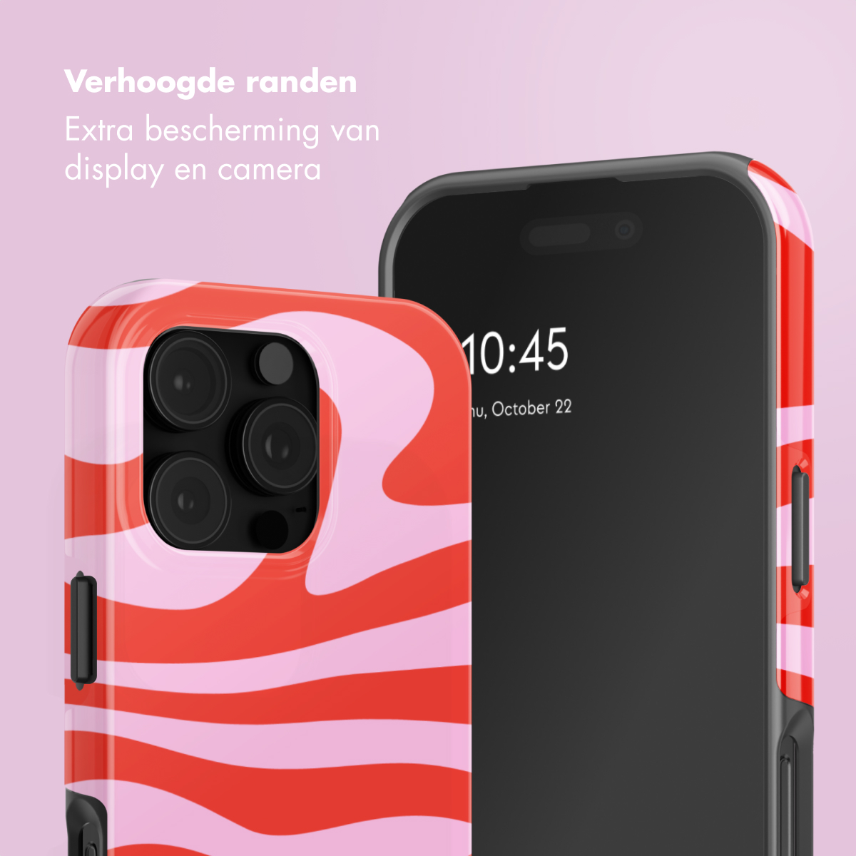 Custodia per telefono con motivo rosso e rosa accanto a uno smartphone con schermo nero.