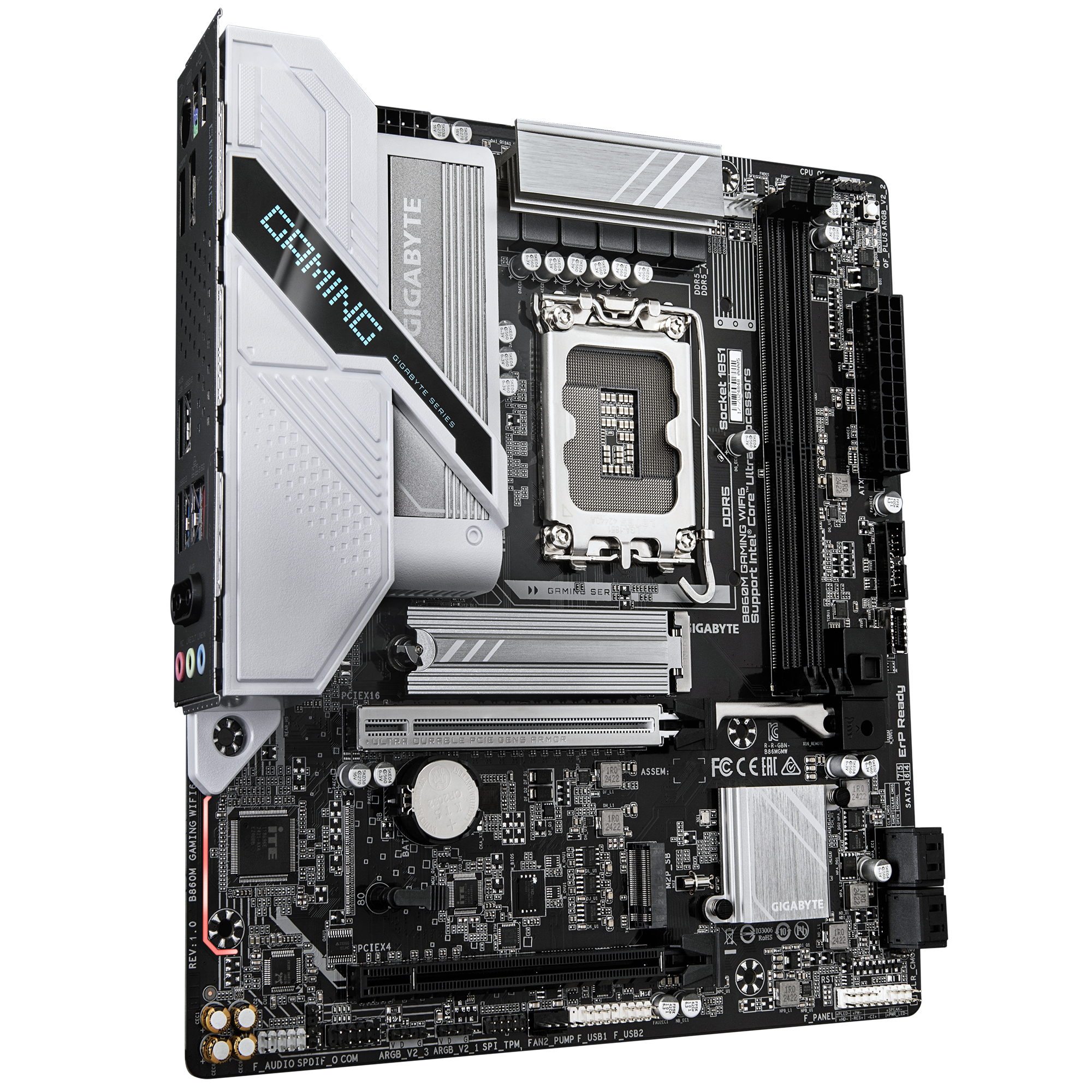 Carte mère Gigabyte B860M Gaming WiFi avec socket CPU, slots RAM et radiateurs.