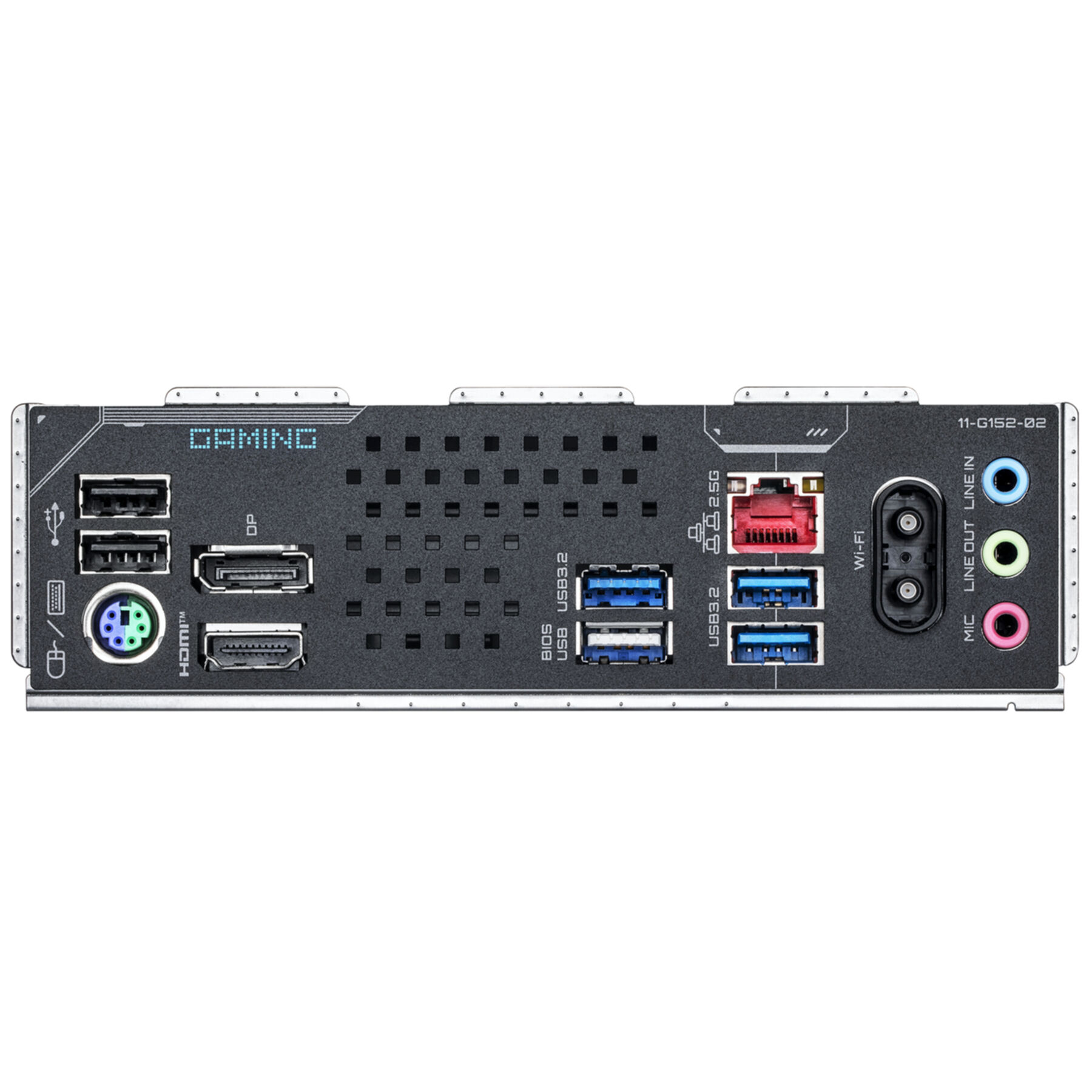 Vue arrière d'une carte mère montrant les ports USB, HDMI, DP et audio.