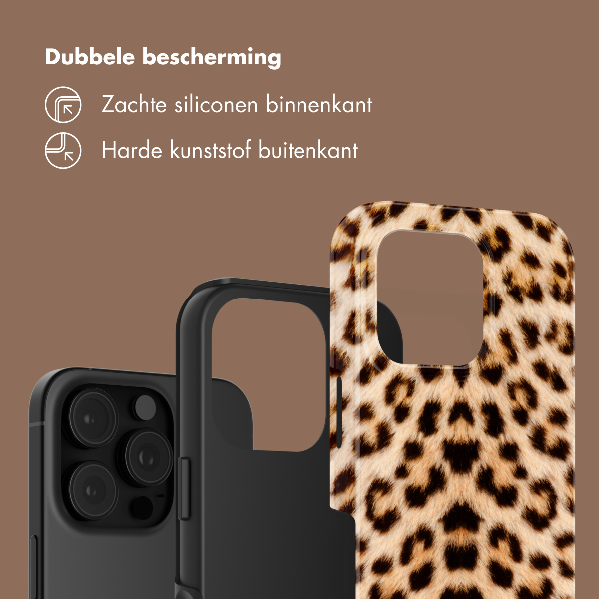 Zwarte telefoon met luipaardprint hoesje, dubbele bescherming.