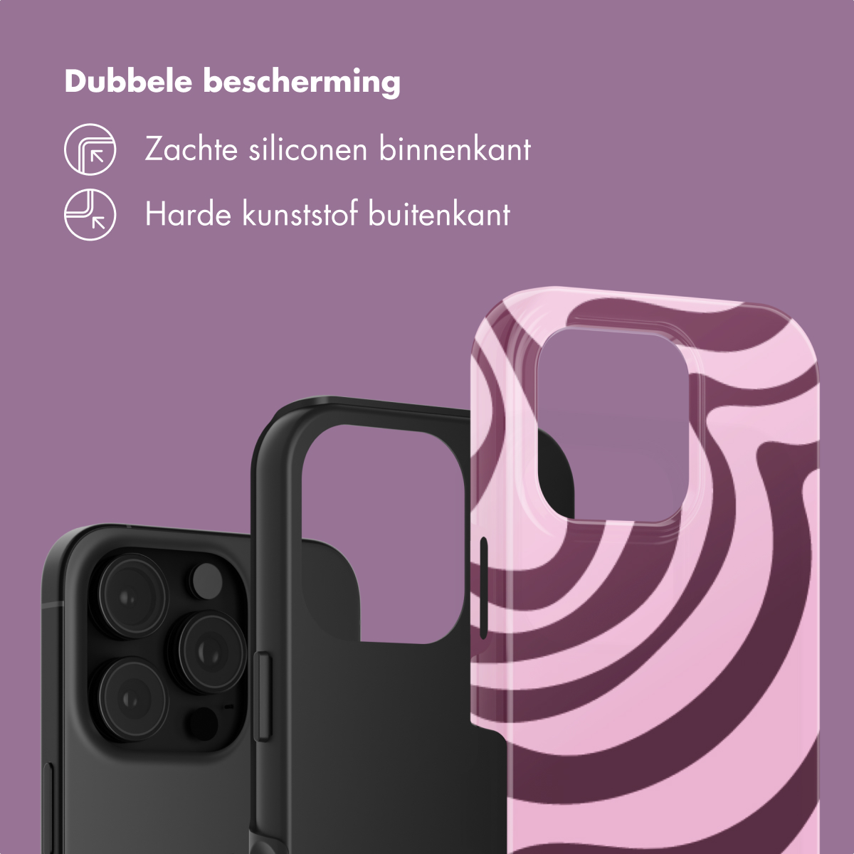 Drie telefoonhoesjes op paarse achtergrond. Twee zwarte, één met roze-bruin patroon.