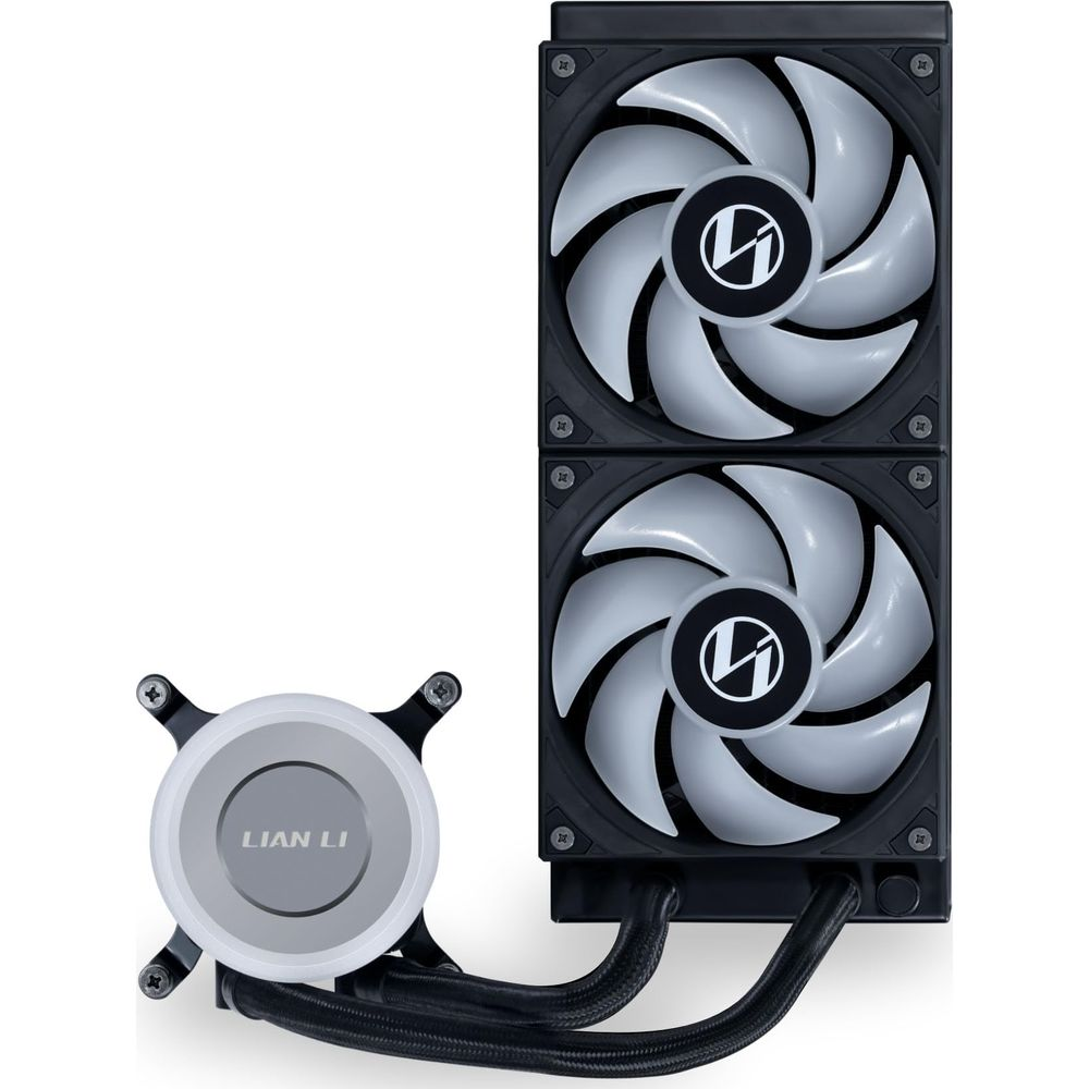 Czarna chłodnica z dwoma wentylatorami i okrągłą pompą.