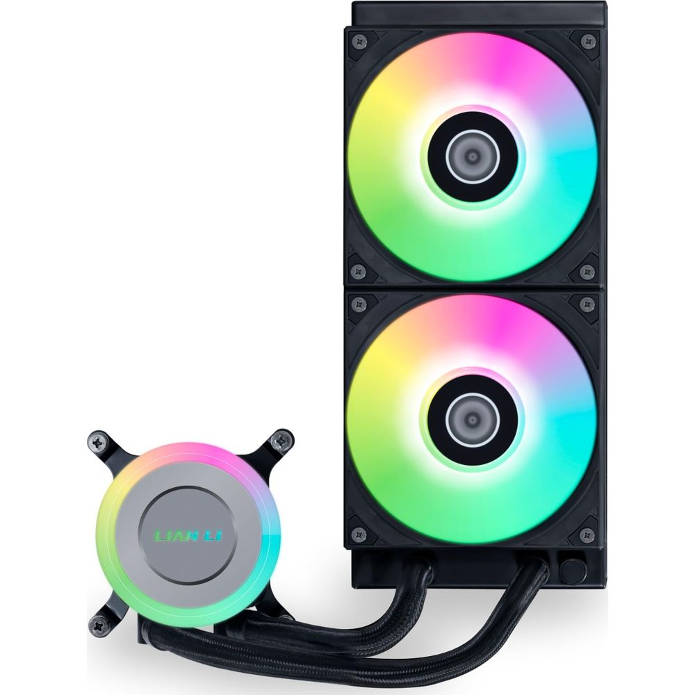 Czarna chłodnica procesora z dwoma wentylatorami RGB i okrągłą pompą.