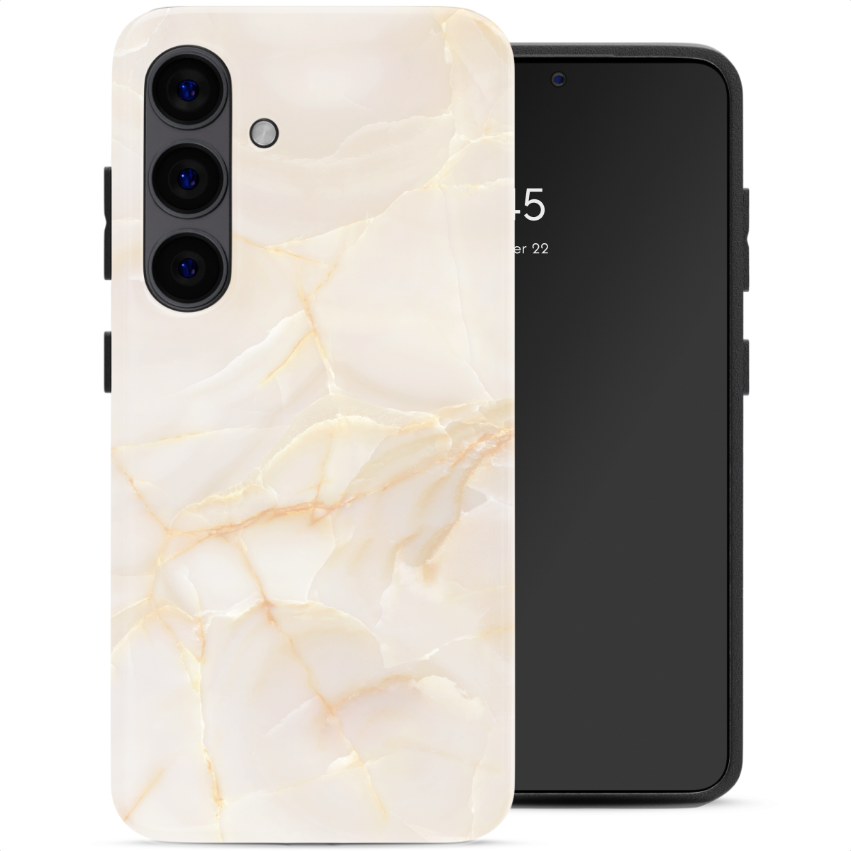 Un smartphone avec coque en marbre et écran noir.