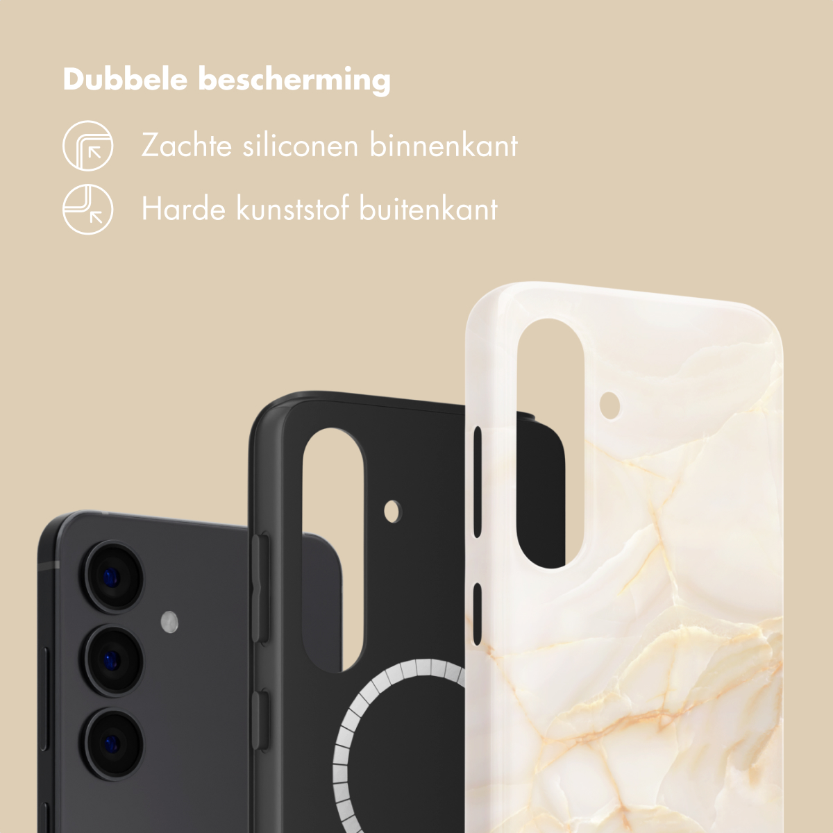 Trois coques de téléphone : noire, marbrée et noire avec anneau MagSafe.