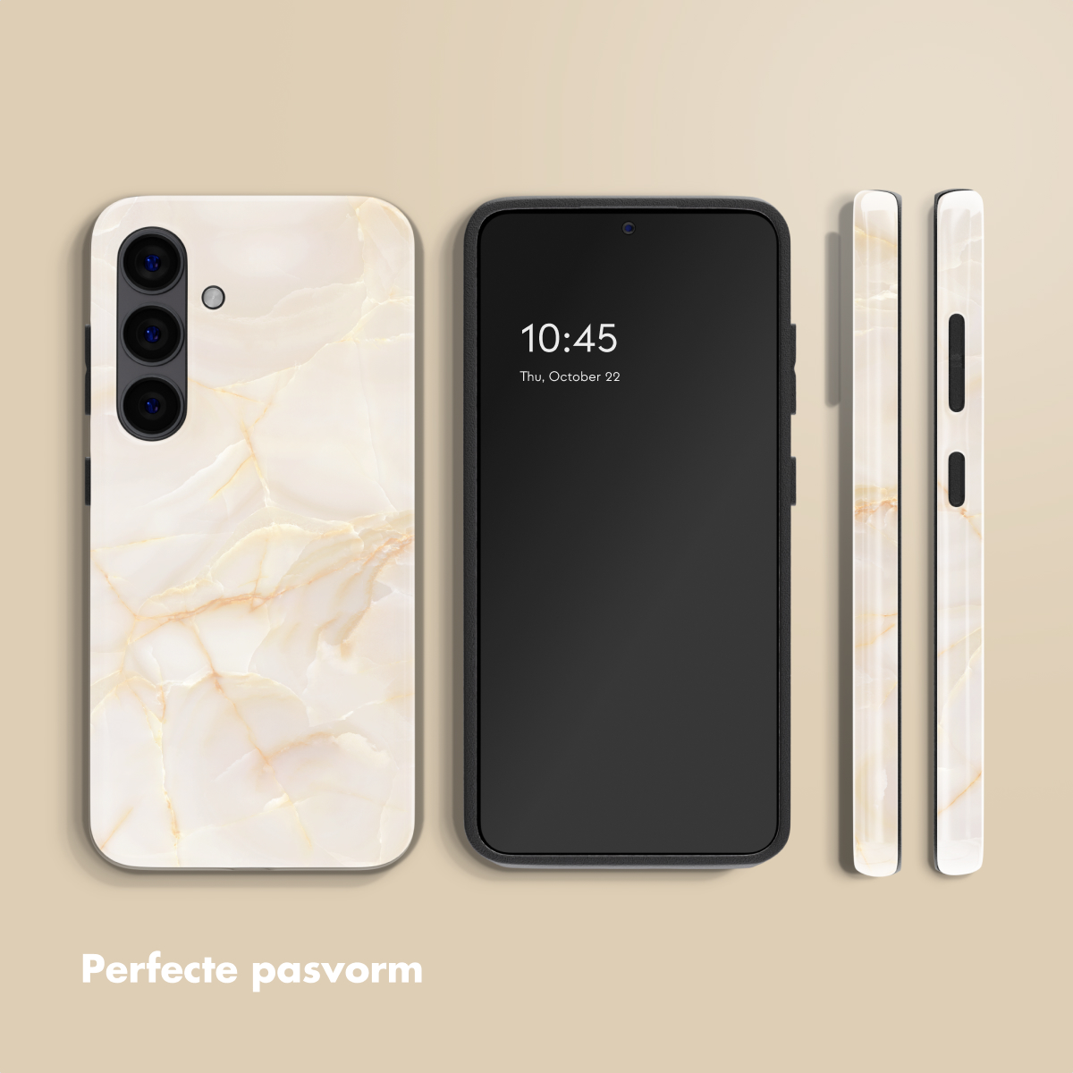 Un smartphone avec une coque marbre et un écran noir.