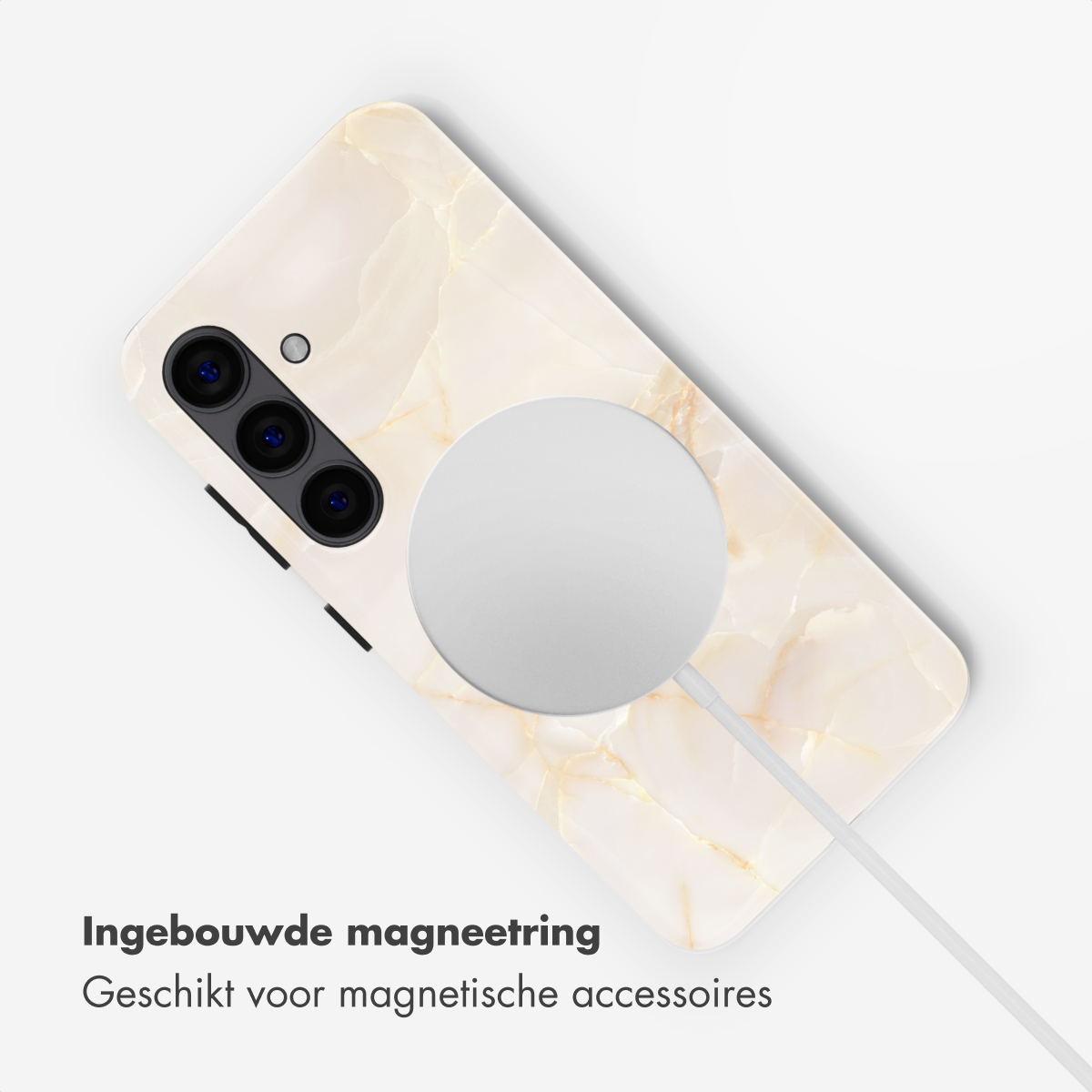 Une coque de téléphone marbre avec un anneau magnétique blanc et câble.