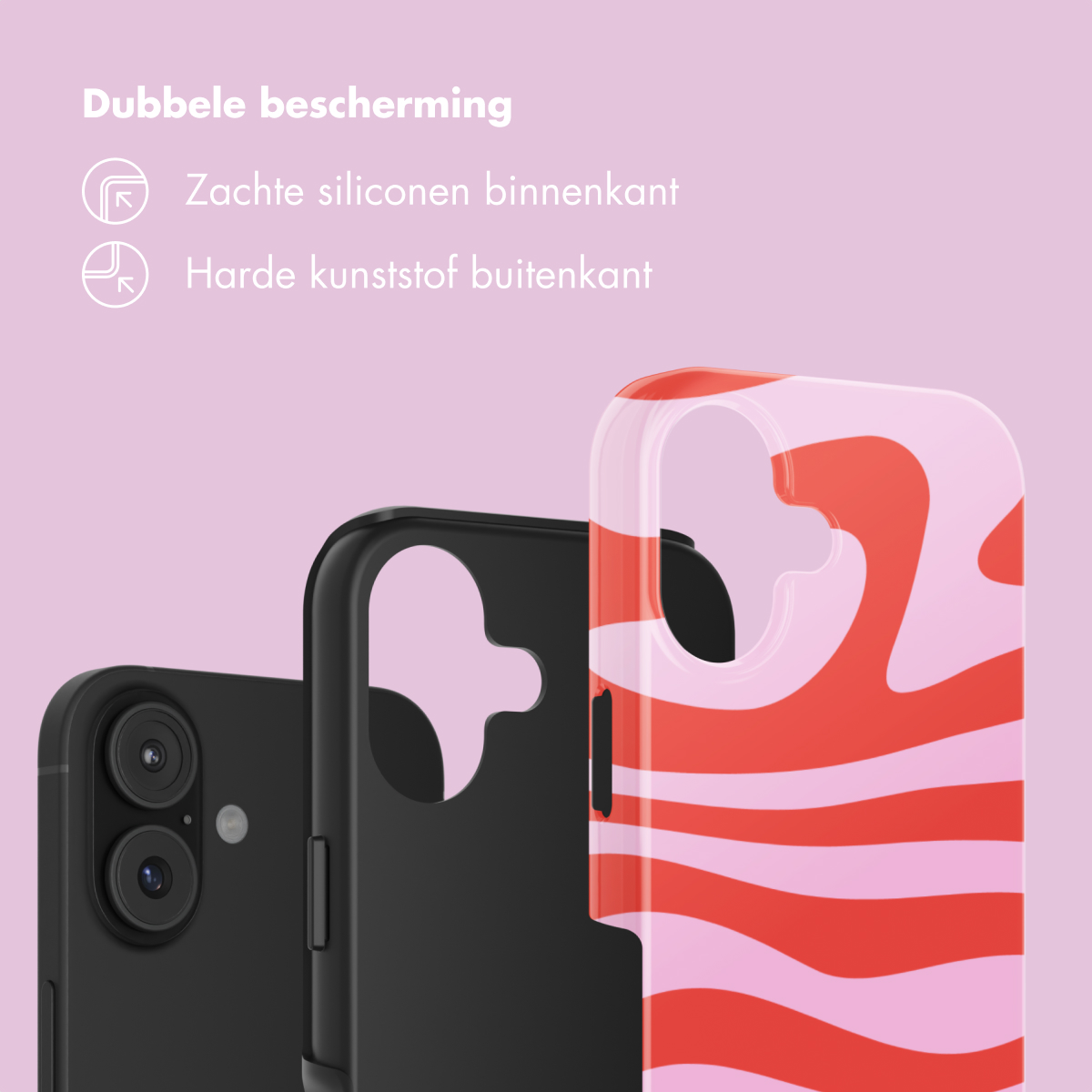 Tre cover per telefono su sfondo rosa: una nera, un'altra nera e una colorata con motivo rosso.