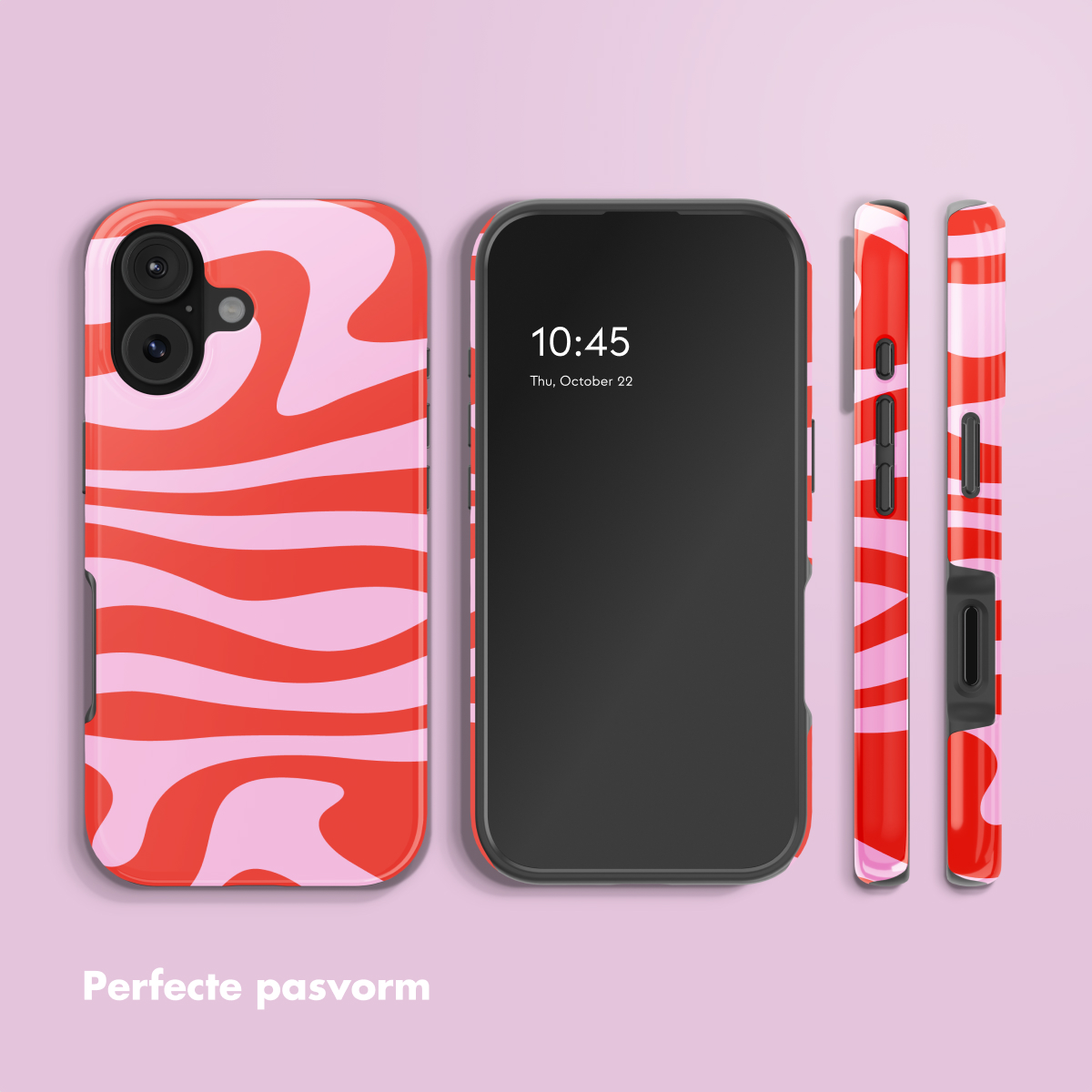 Custodia per telefono rossa e rosa con motivo ondulato accanto a uno smartphone.