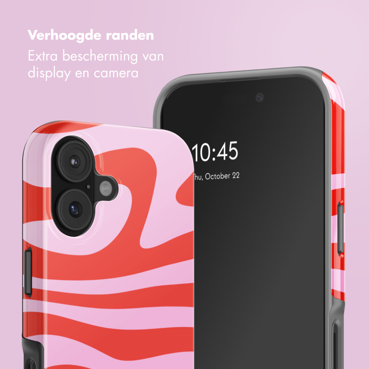 Un telefono con motivo a vortice rosa e rosso poggia accanto a un altro telefono.