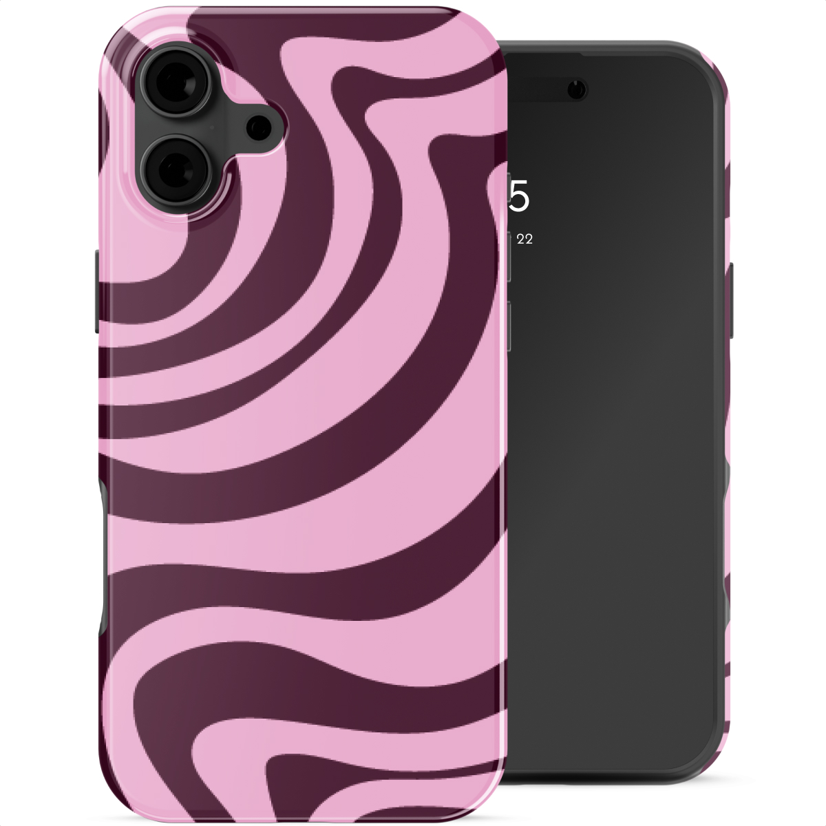 Une coque de téléphone rose à tourbillons violet foncé à côté d'un smartphone.