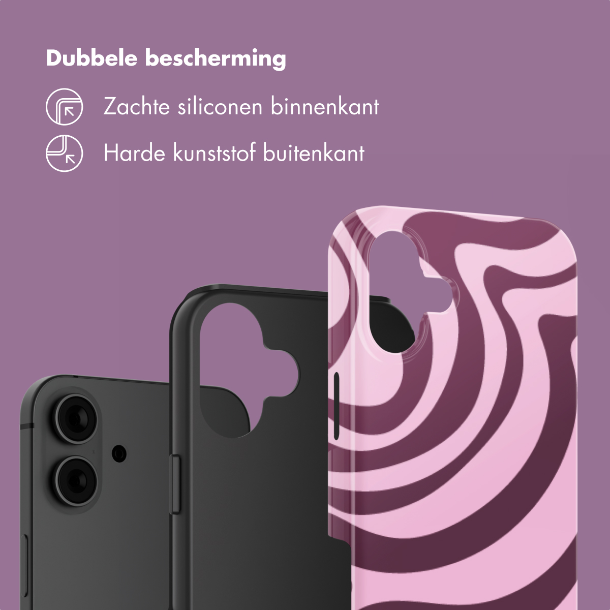 Trois coques de téléphone sur fond violet. Une noire avec deux caméras, une noire, une violette à motif tourbillonnant.
