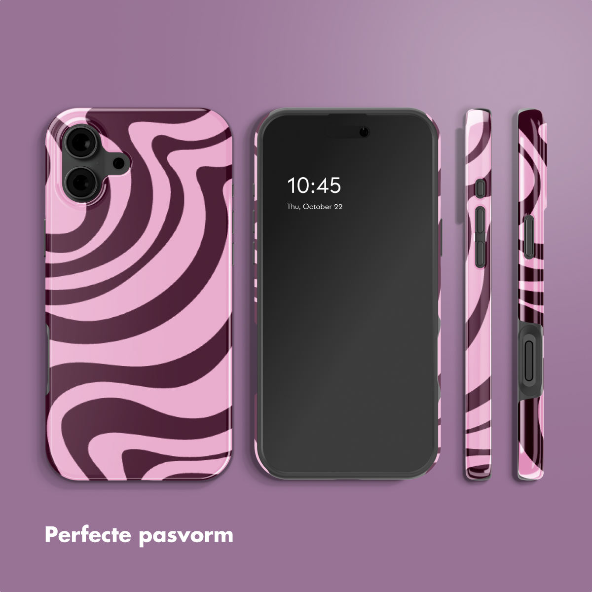 Une coque de téléphone rose avec des tourbillons foncés et un smartphone.