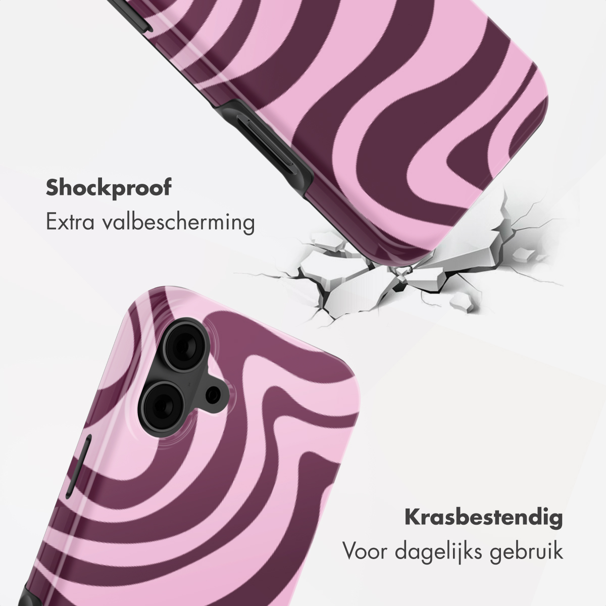 Coque de téléphone violette et rose à motif ondulé tombant sur une surface blanche fissurée.