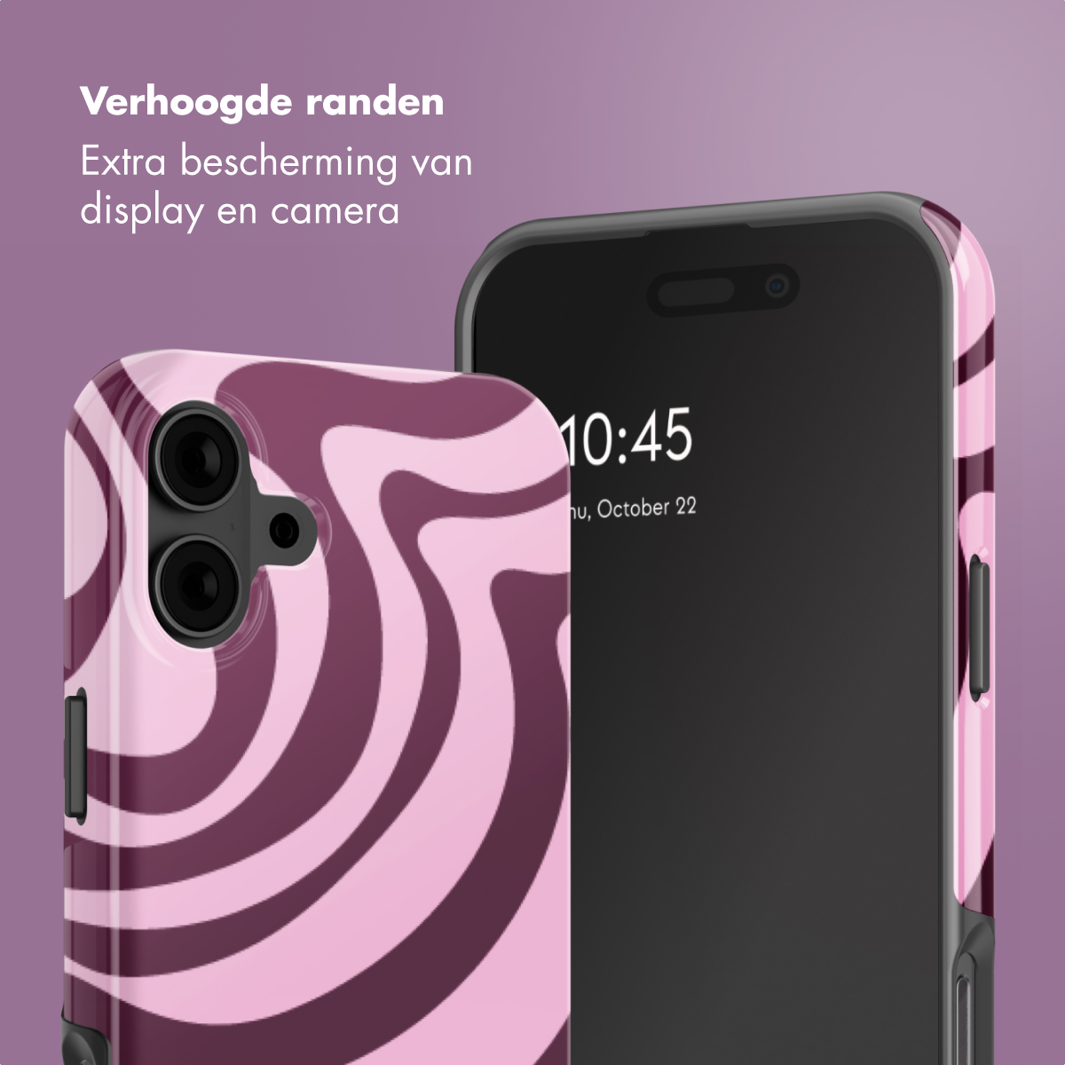 Une coque de téléphone rose à motif tourbillon et un smartphone.