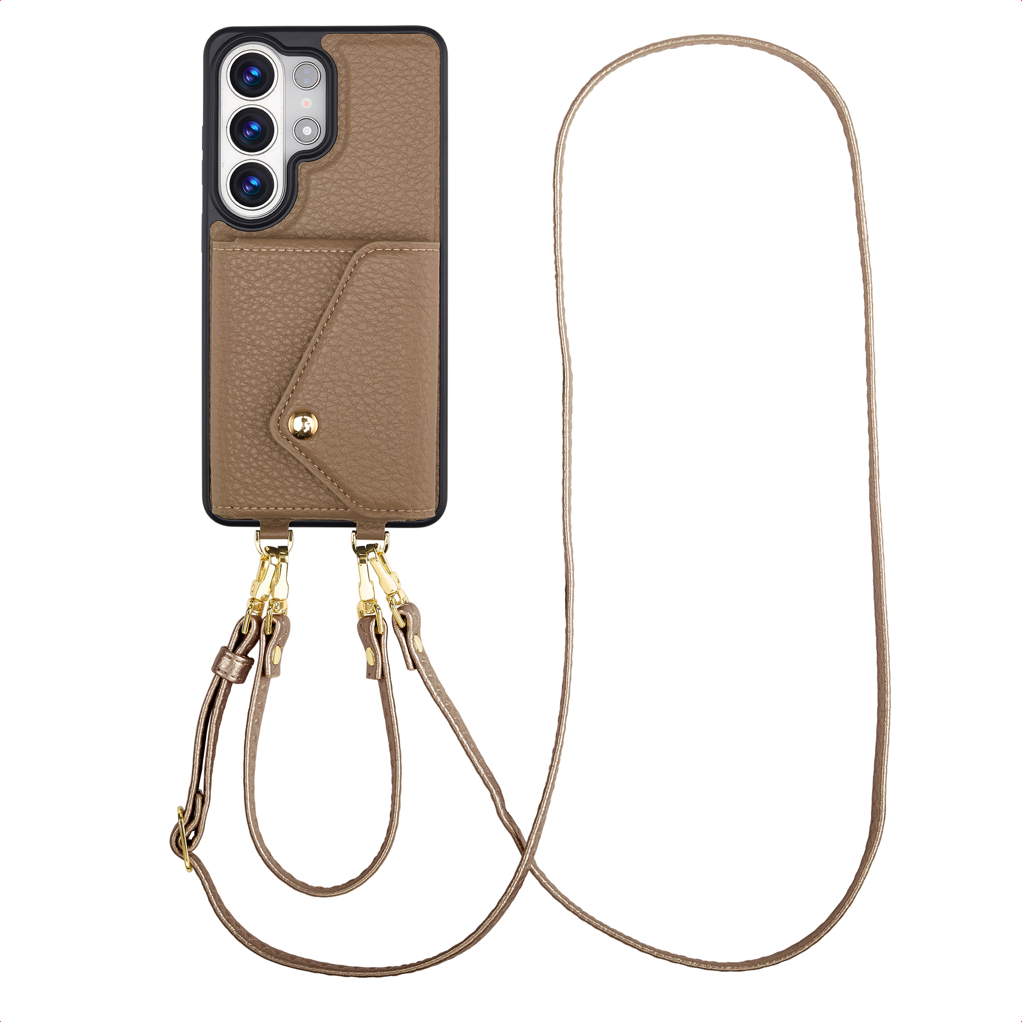 Bruine telefoonhoes met camera-uitsparing en schouderband.