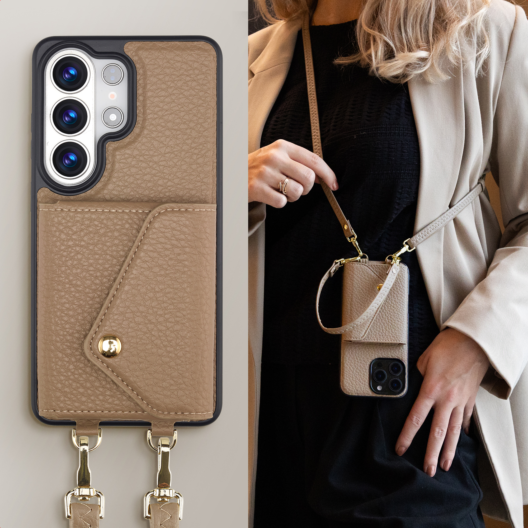 Een vrouw draagt een telefoonhoesje met een koord en een beige jas.