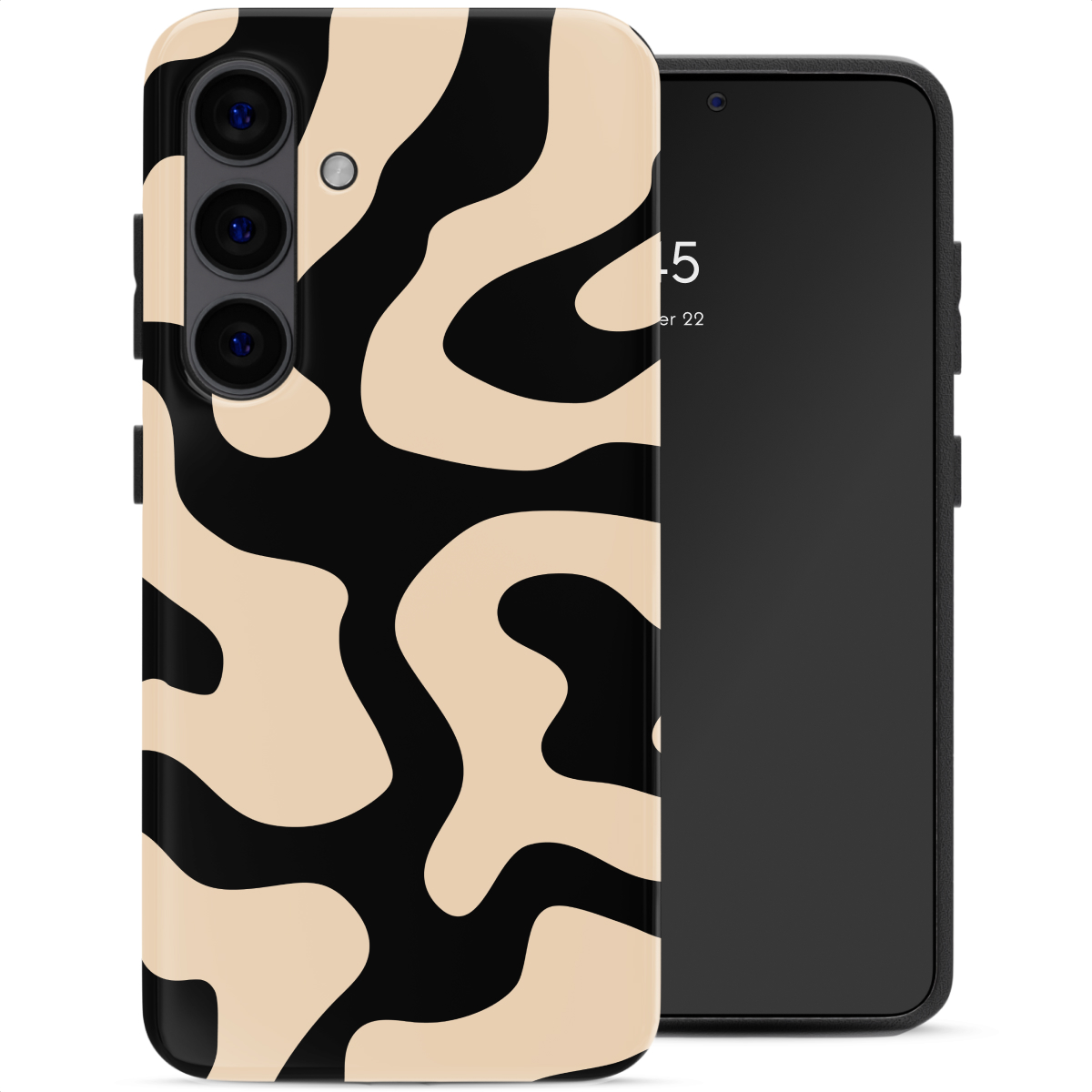 Un téléphone avec un étui à motif ondulé beige et noir.