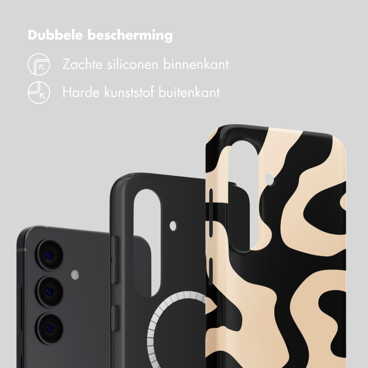 Trois coques de téléphone : une noire à motifs, une noire et une grise.
