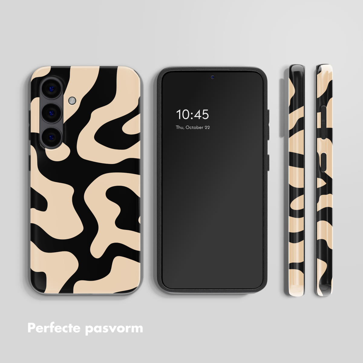 Un téléphone avec un motif noir sur beige, à côté d'une coque de téléphone.