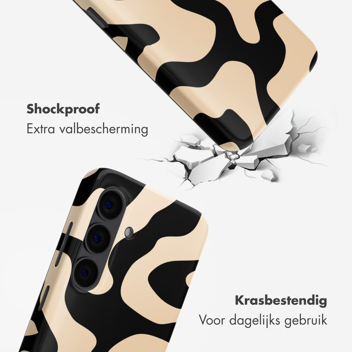 Coque de téléphone motif noir et beige, mettant en avant l'anti-choc.