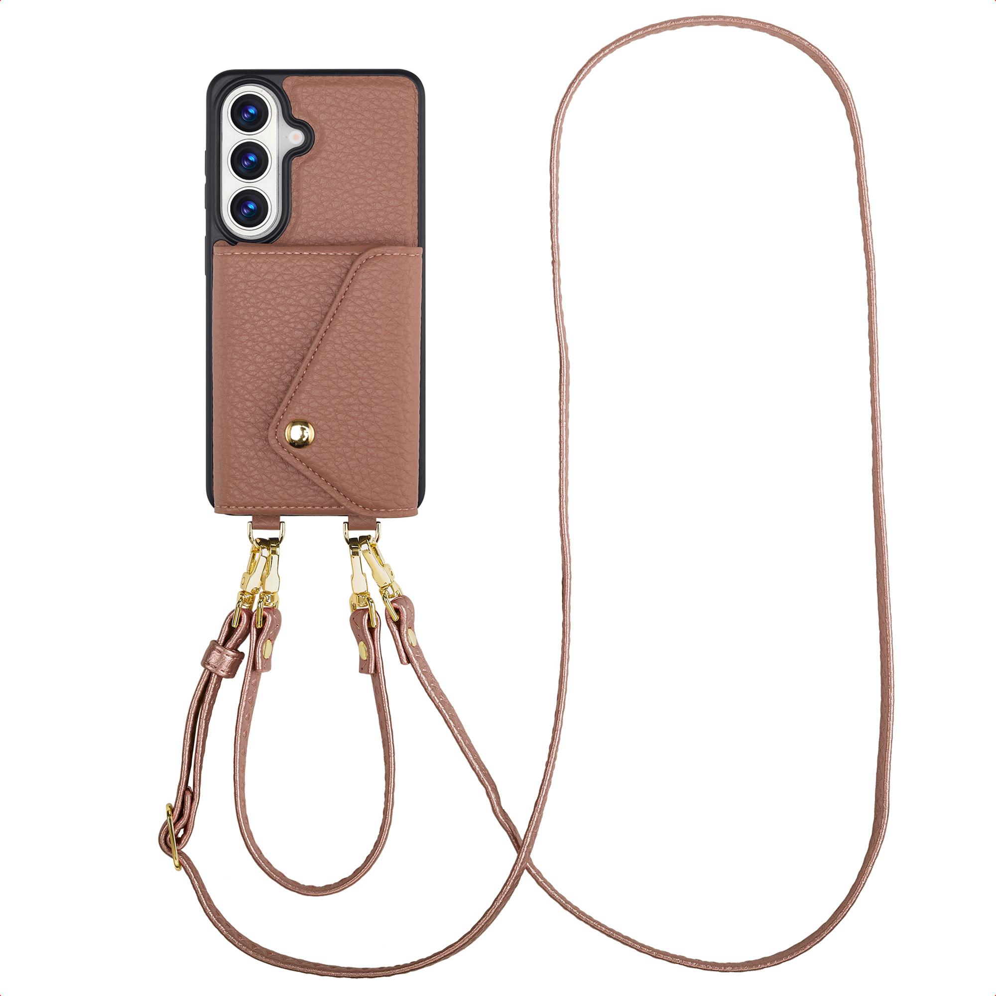 Custodia per telefono marrone con ritaglio fotocamera, tasca e laccetto.