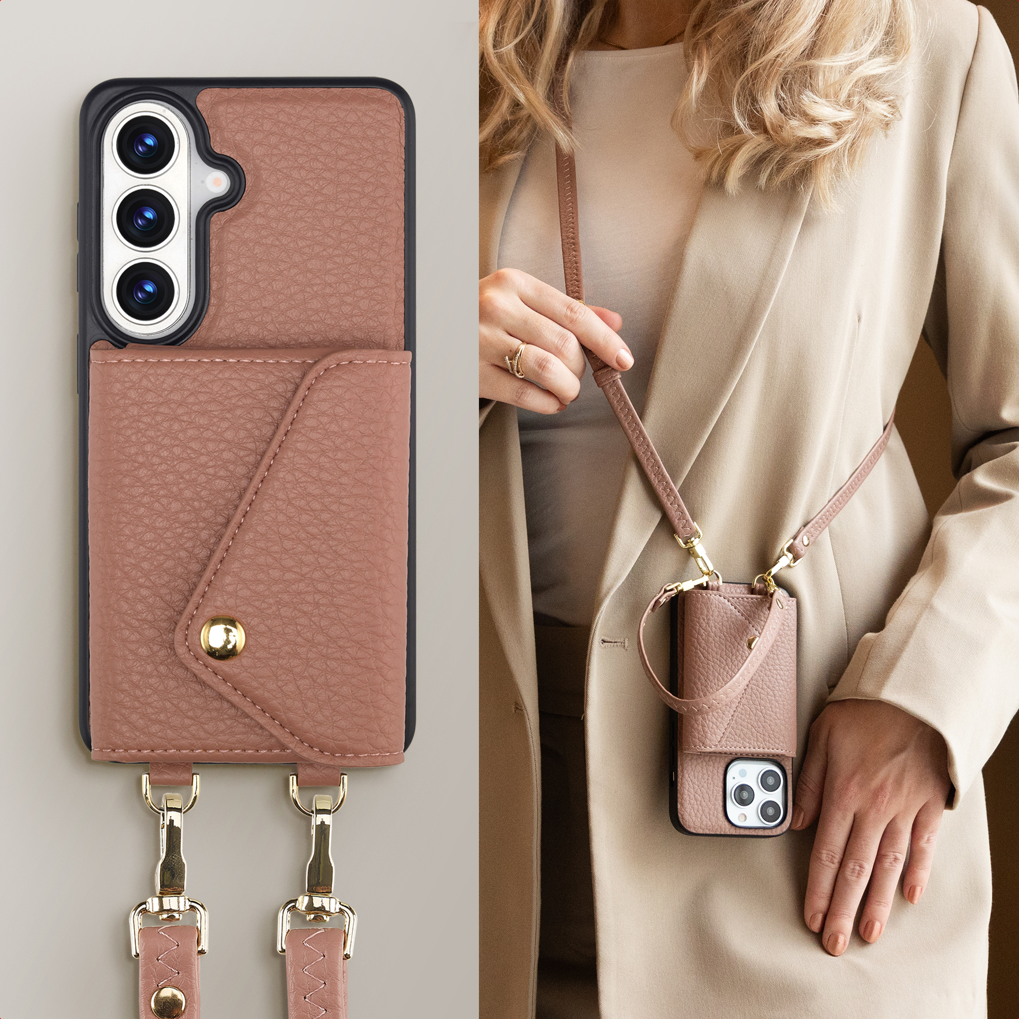 Custodia rosa per telefono con porta carte e tracolla, indossata da una donna in blazer.
