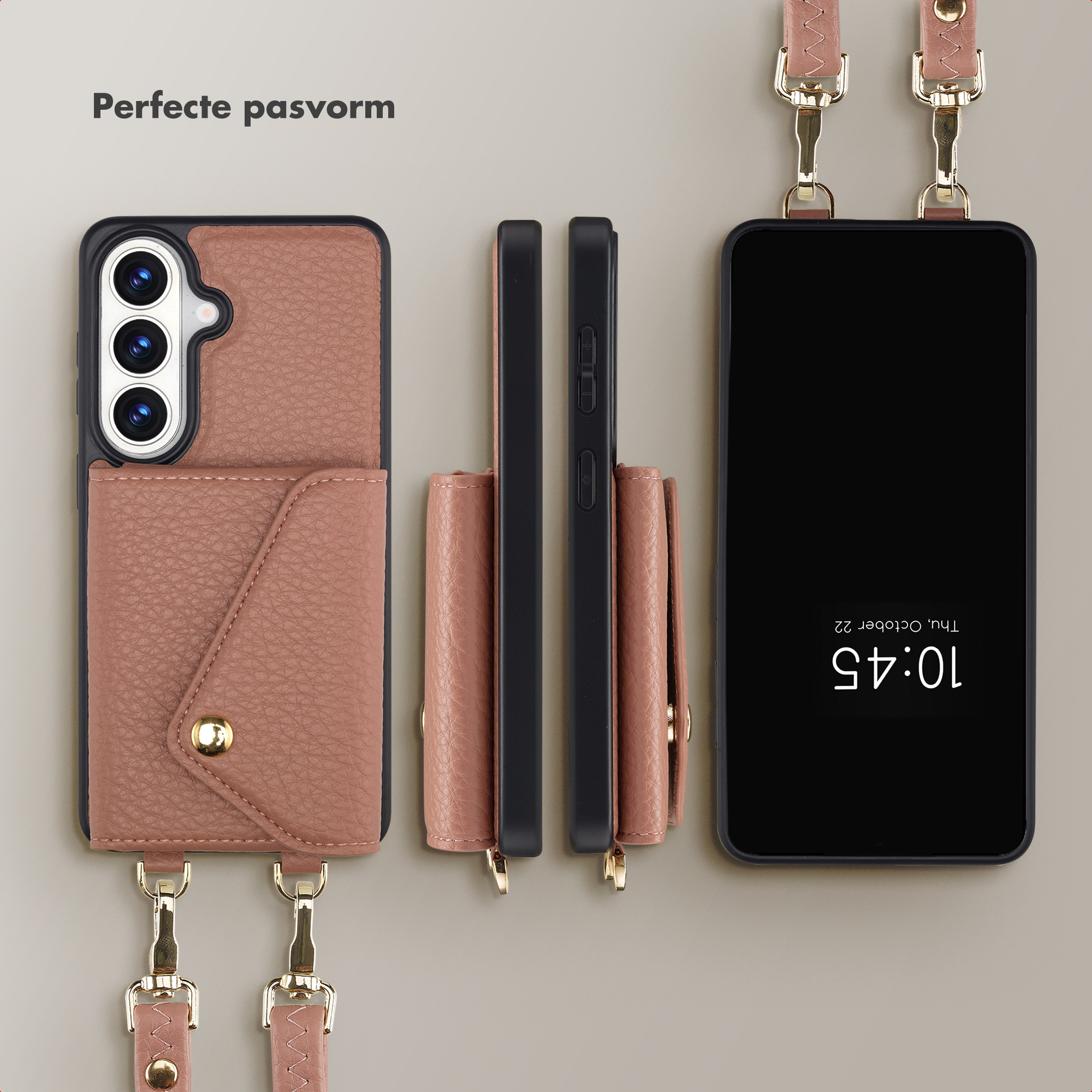 Una cover per telefono rosa con porta carte e cinturino, accanto a un telefono.