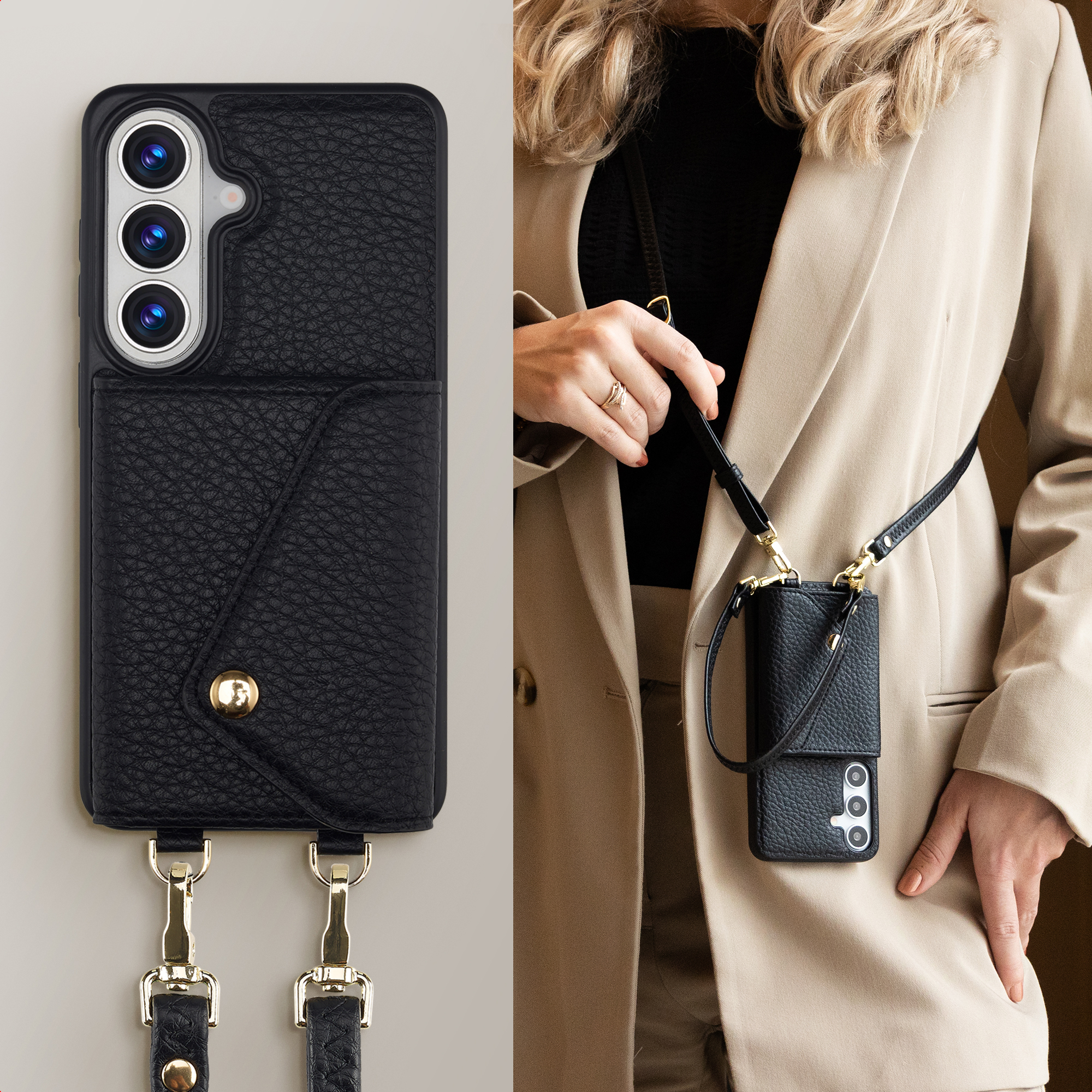 Custodia nera in pelle per telefono con tre fotocamere e tracolla, indossata da donna.