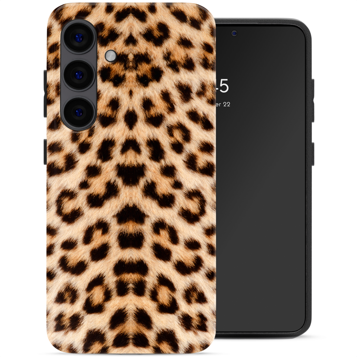 Un téléphone avec un étui à imprimé léopard et un écran noir.