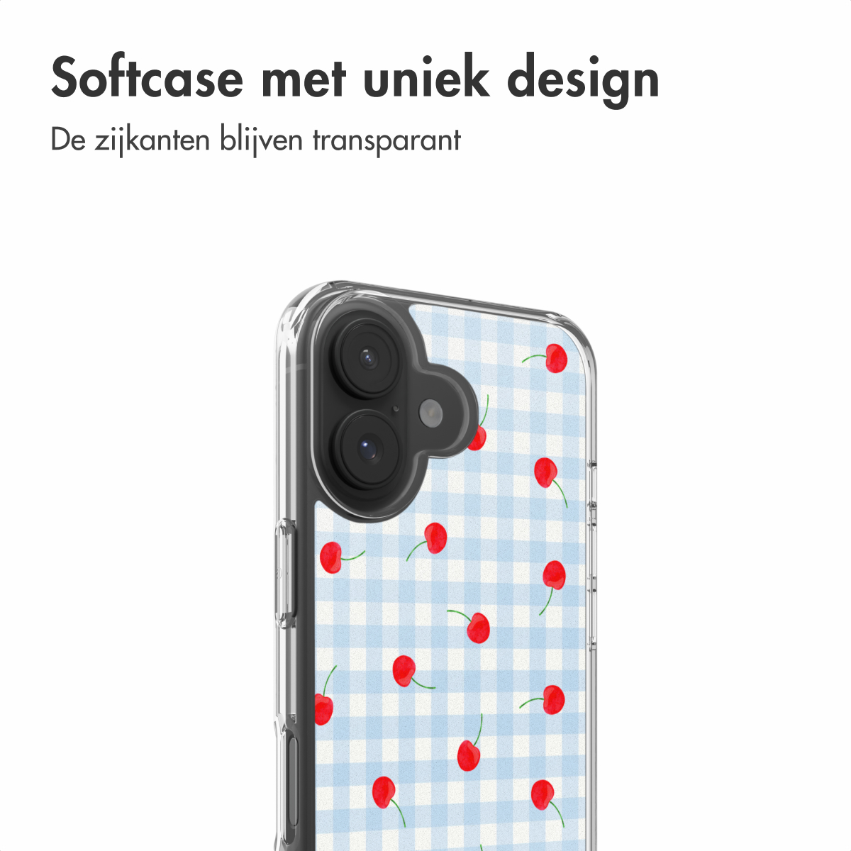 Een transparante telefoonhoes met een lichtblauw ruitpatroon en rode kersen.