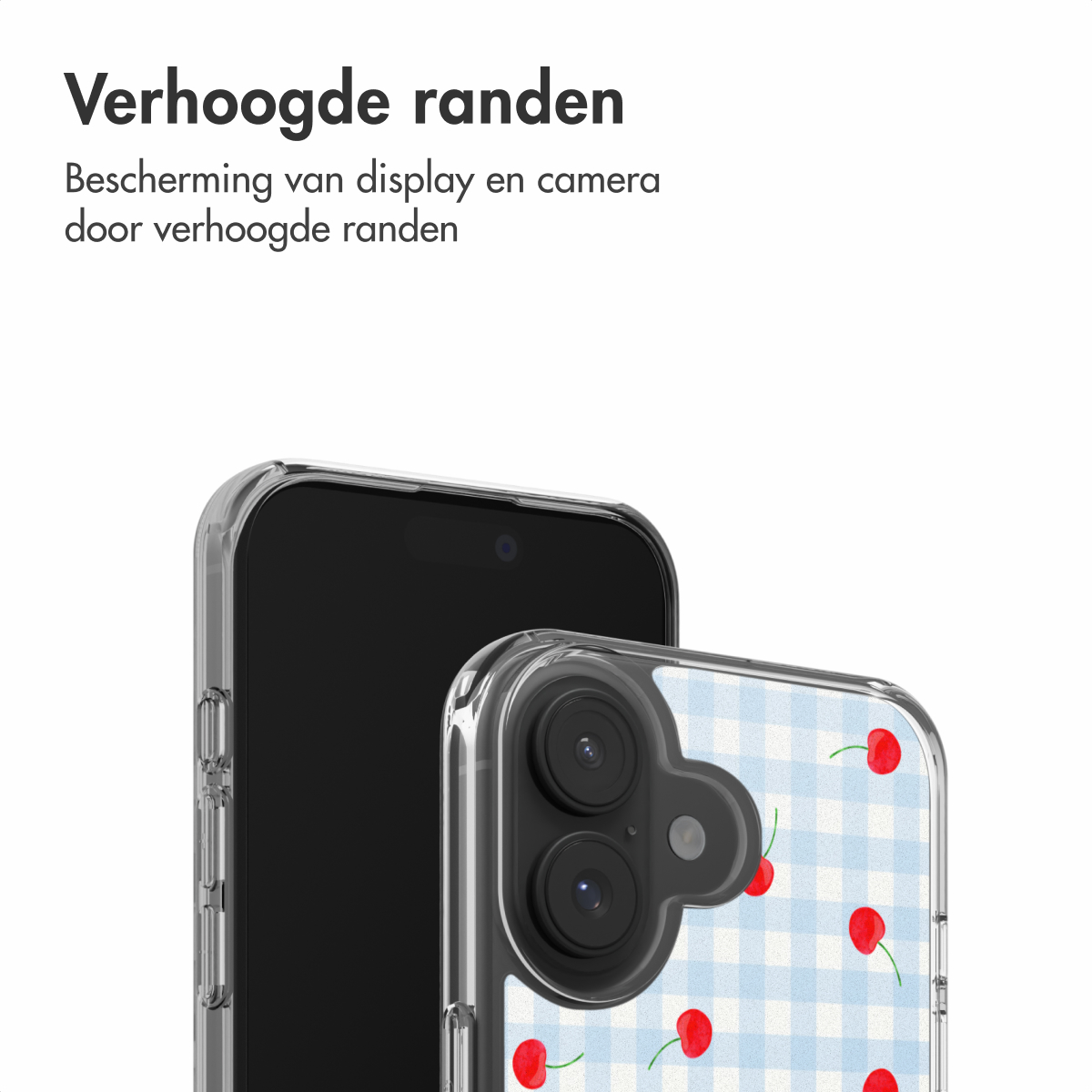 Een smartphone met een hoesje met kersenpatroon. Verhoogde randen beschermen de camera.