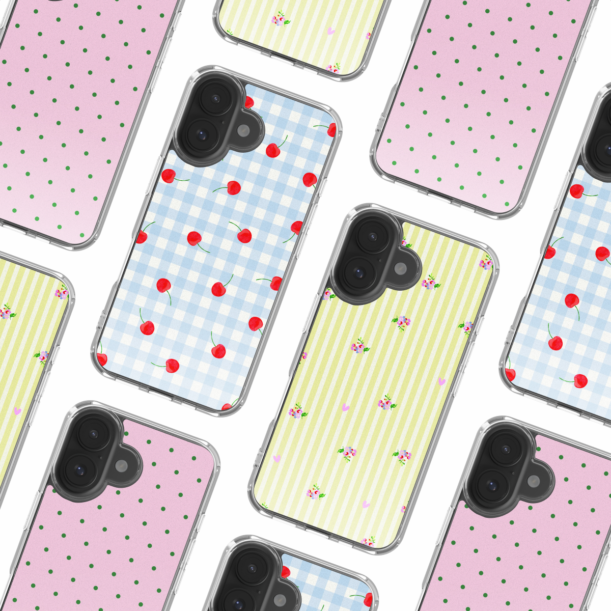 Meerdere telefoonhoesjes met patronen: stippen, kersen en bloemen.