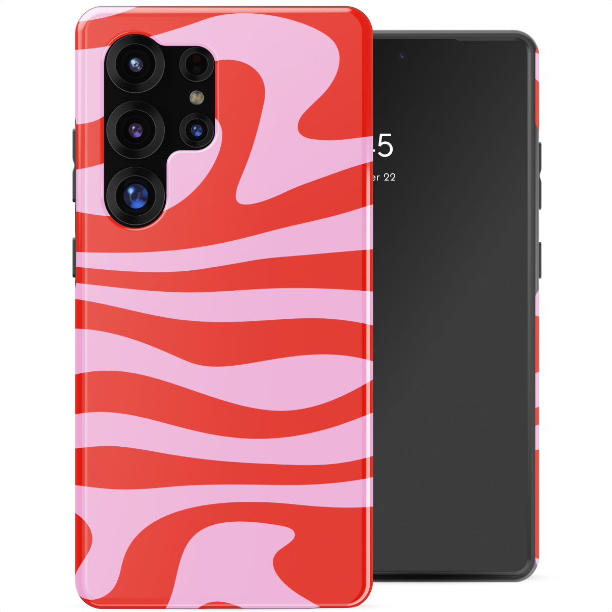 Rood en roze golvend patroon op een telefoonhoesje naast een smartphone.