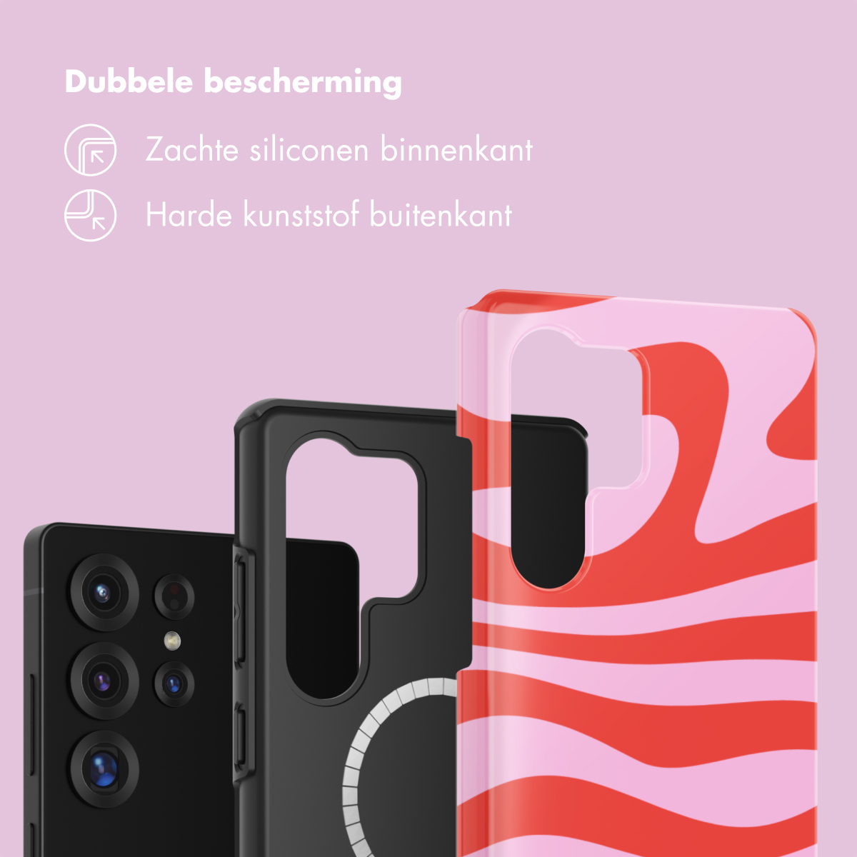 Drie telefoonhoesjes: zwart, zwart met magneetring, en roze/rood gestreept.