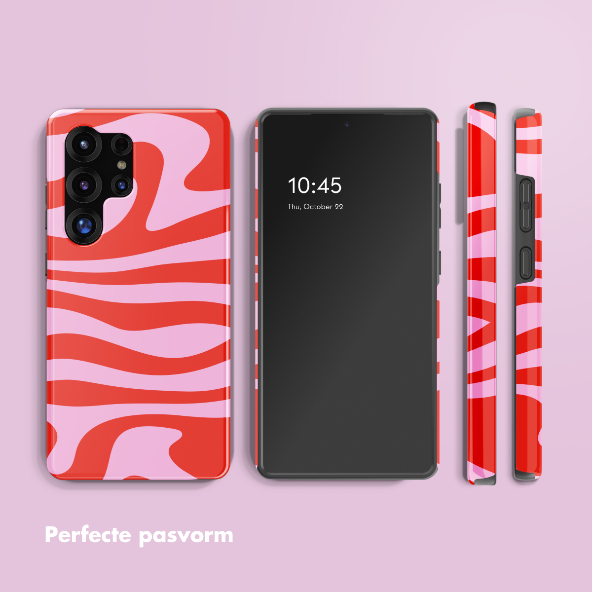 Smartphone met rode en roze golvende hoes. Tijd is 10:45.