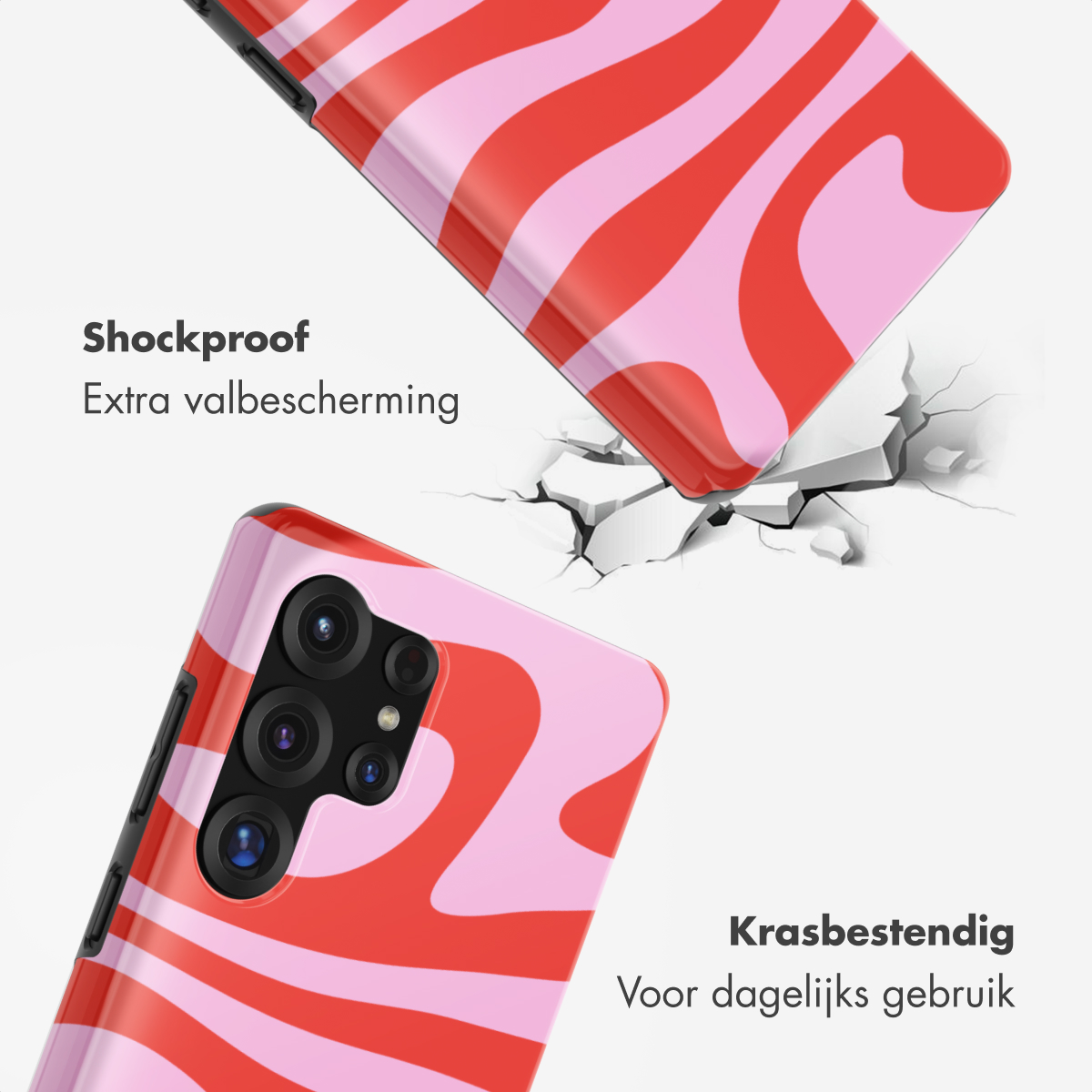 Rood en roze wervelende telefoonhoes op gebroken ondergrond.