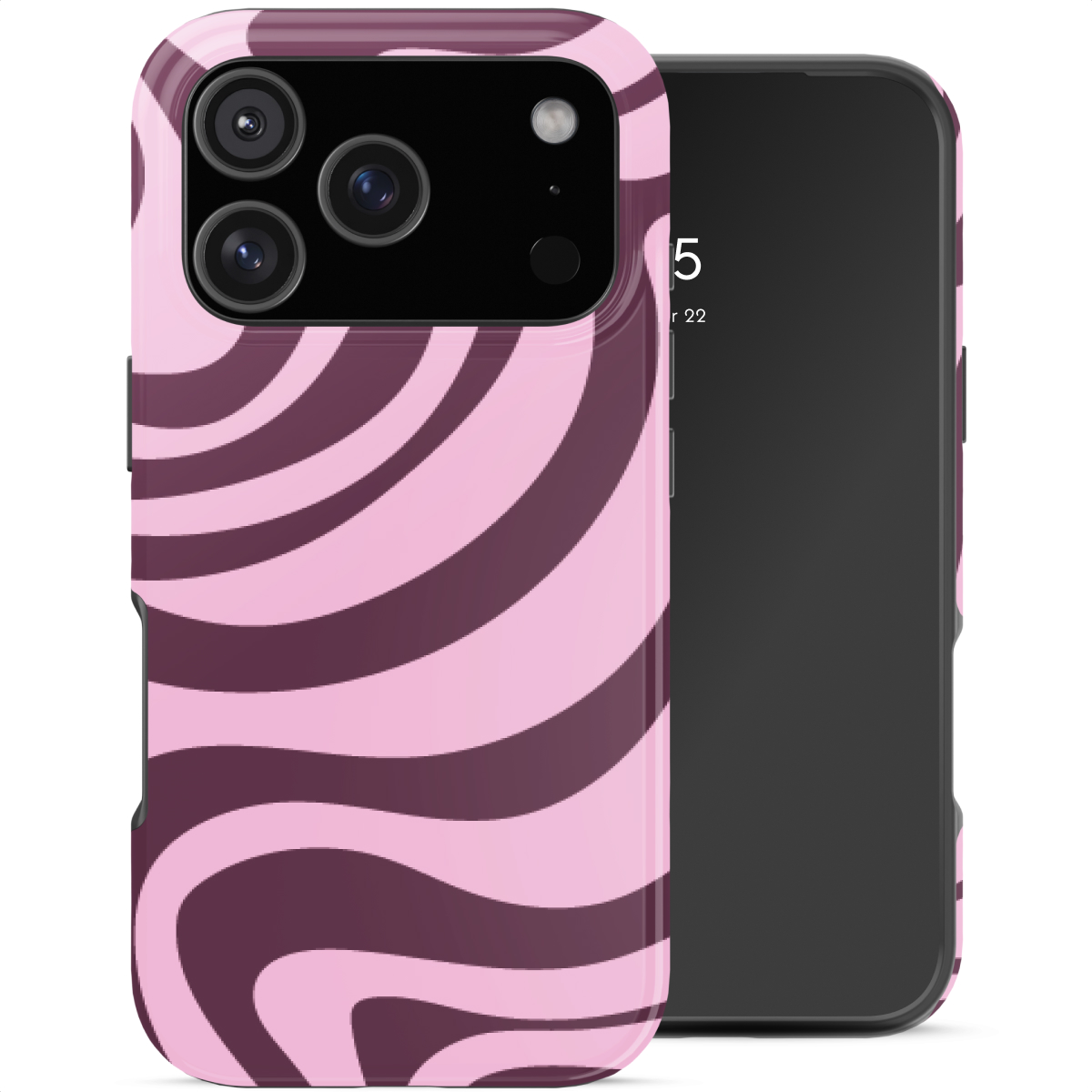 Une coque de téléphone rose à rayures ondulées marron à côté d'un smartphone.