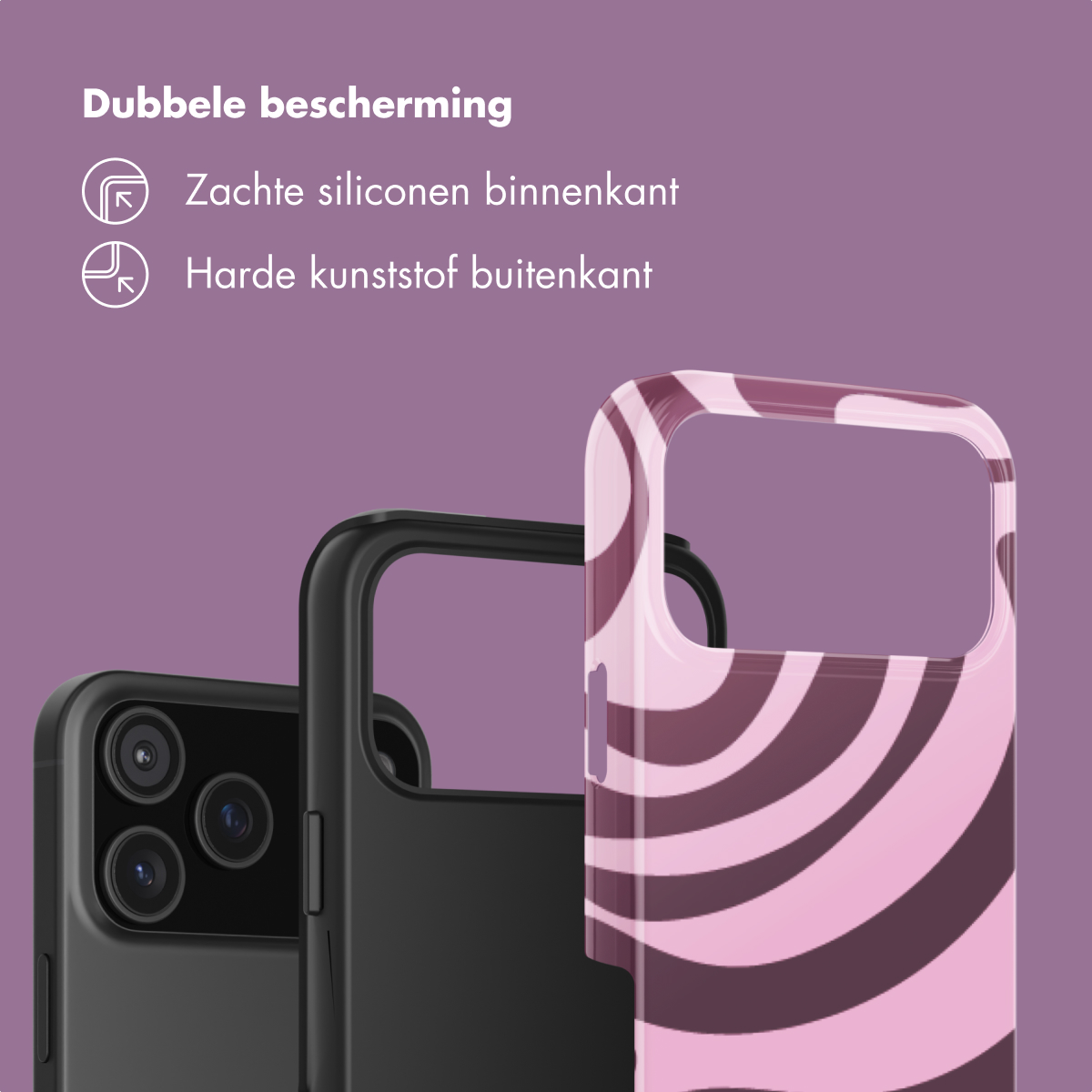 Trois coques de téléphone côte à côte : une noire, une noire et une à motif violet/rose.