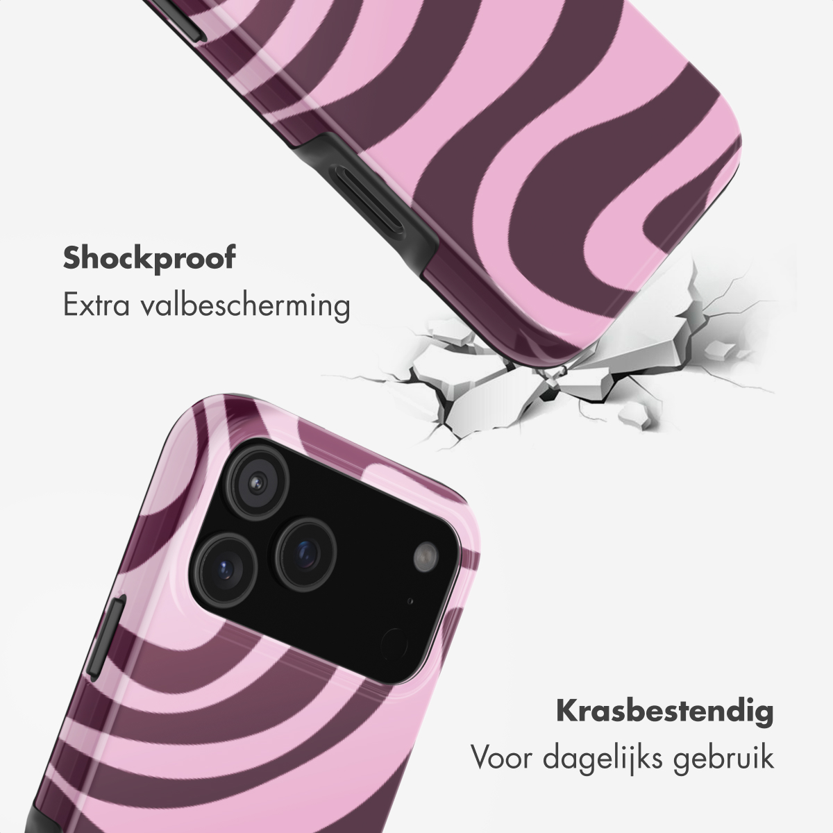 Coque de téléphone à motif violet et rose tombant sur une surface blanche fissurée.