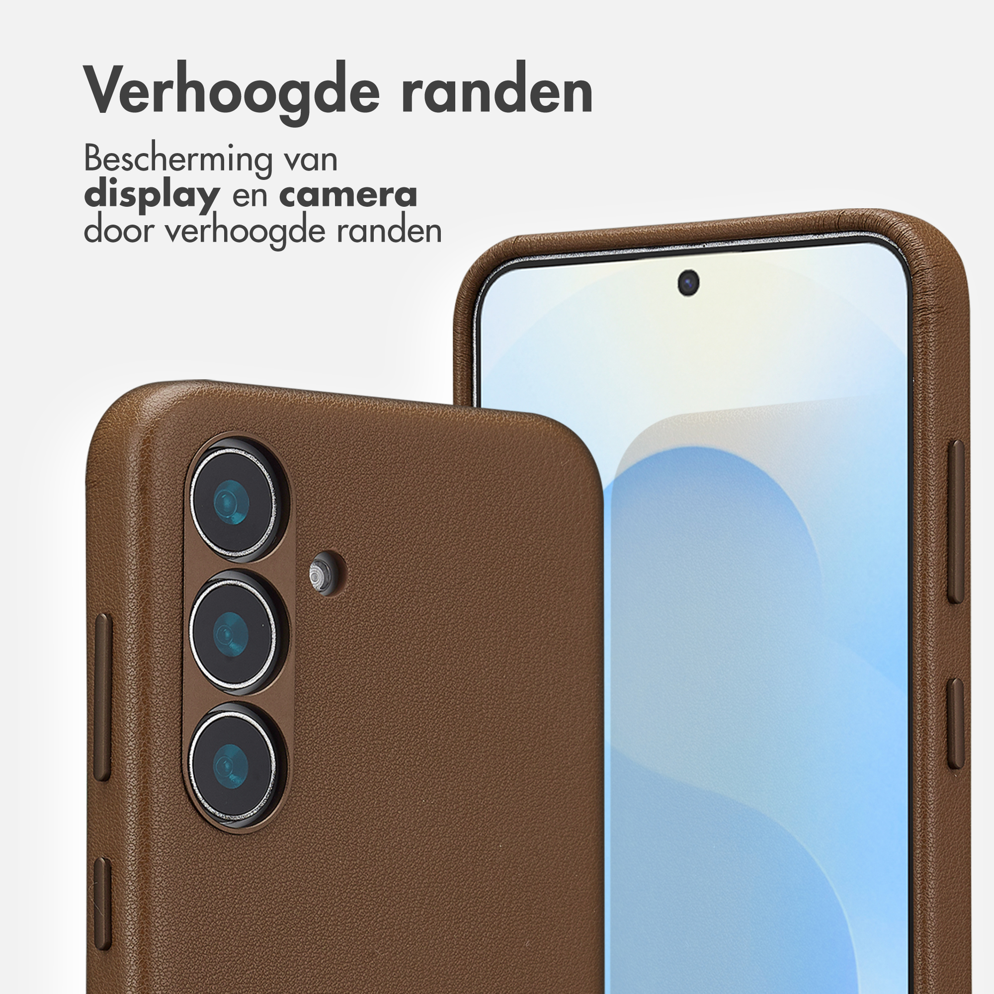 Bruine telefoonhoes met verhoogde randen toont cameralenzen en scherm.