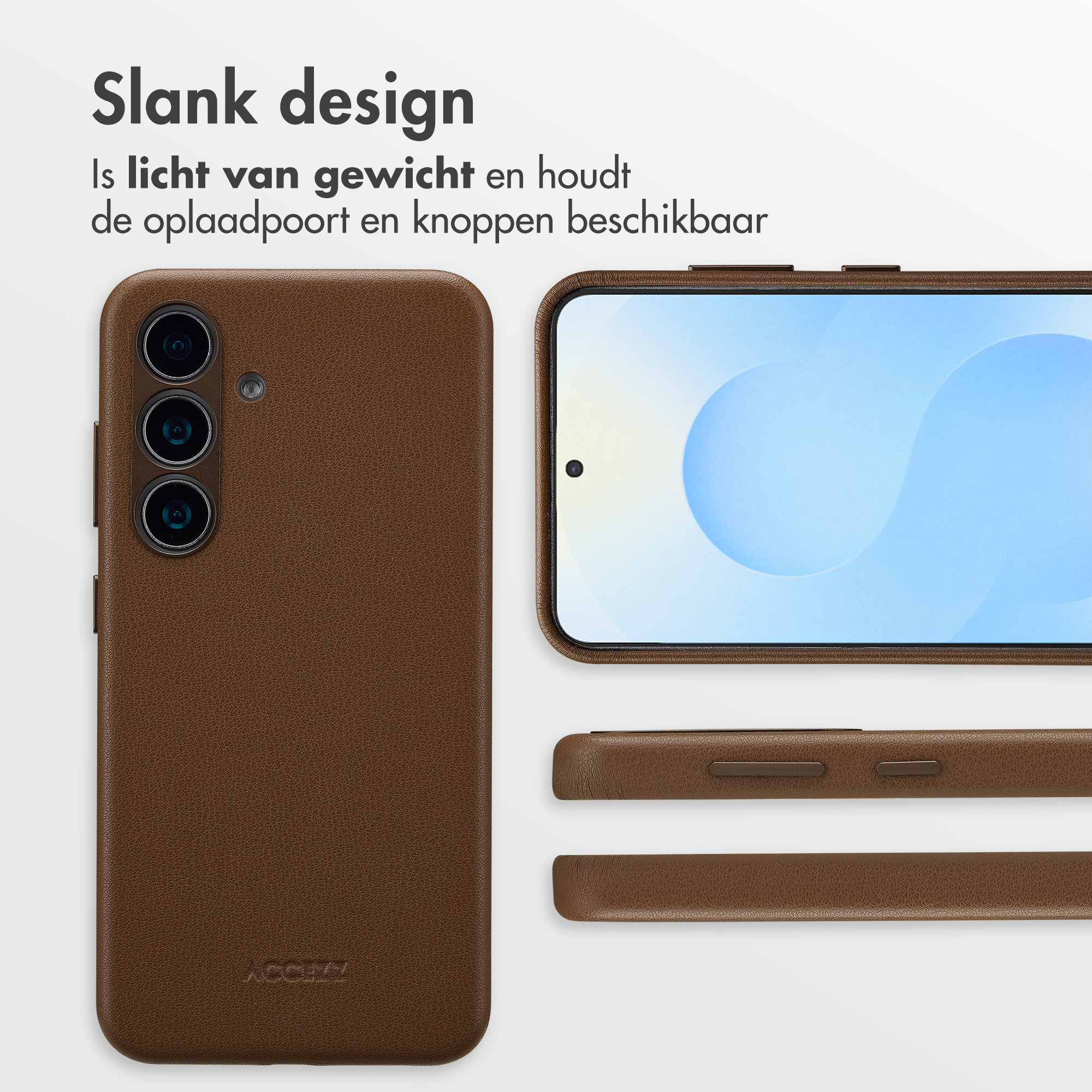 Bruine telefoonhoes met camera-array en zijknopen. Slank design.