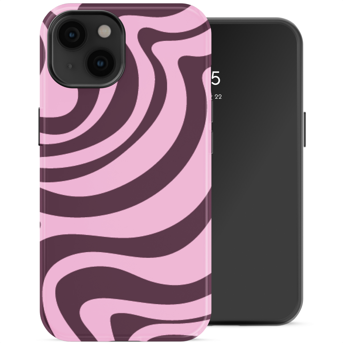 Een roze telefoonhoesje met donkere wervelingen naast een zwarte mobiele telefoon.