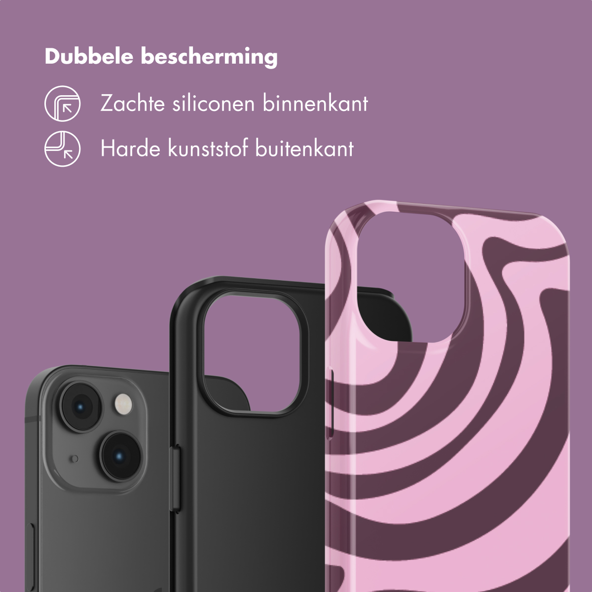 Drie telefoonhoesjes: donkergrijs, zwart en een roze-bruin exemplaar.