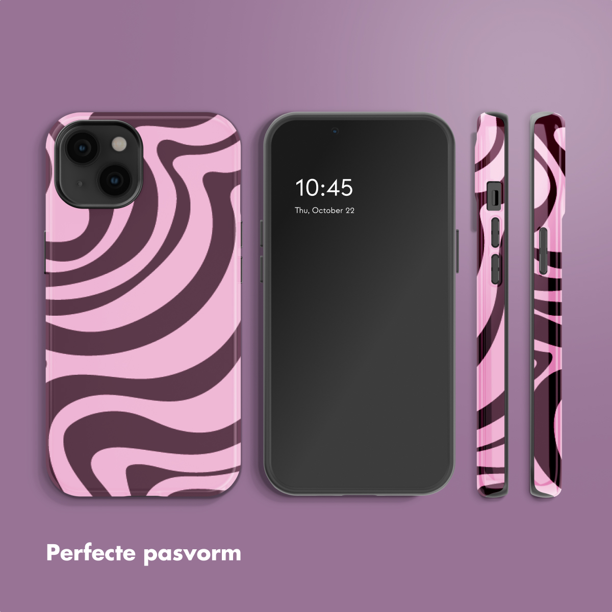 Een smartphone met een roze en bruine swirl-patroon hoesje. De tijd is 10:45.